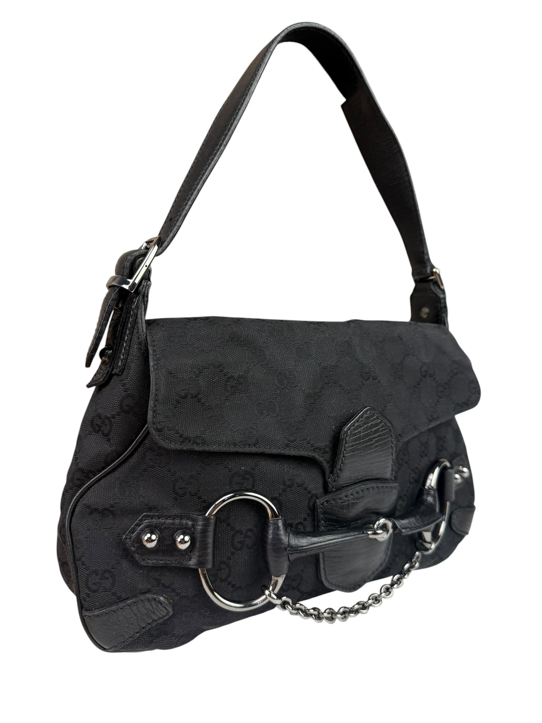 Gucci GG Vintage Black Horsebit Flap Shoulder Bag