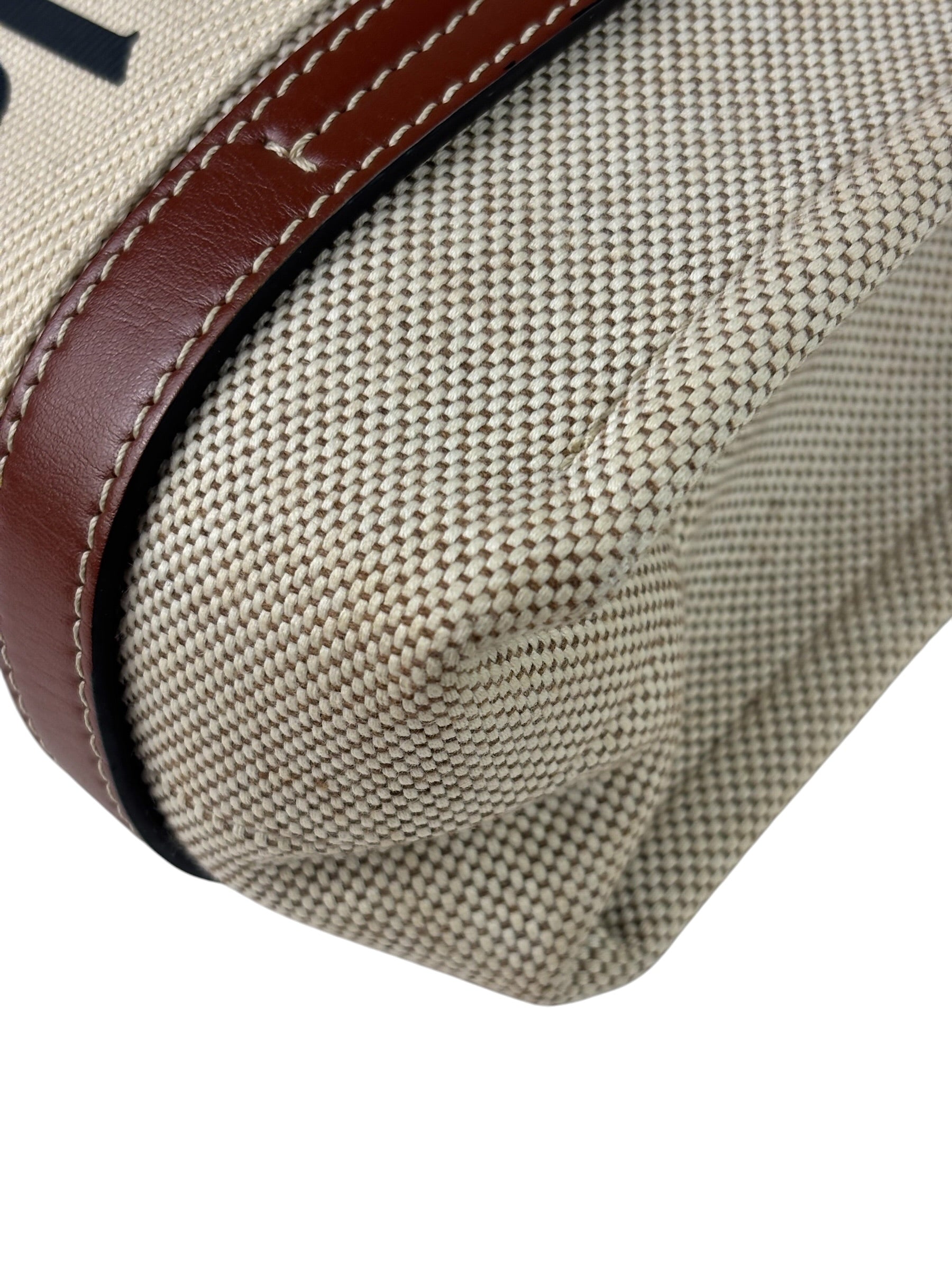 Chloe Beige/Brown Leather Trim Small Woody Two-Way Tote