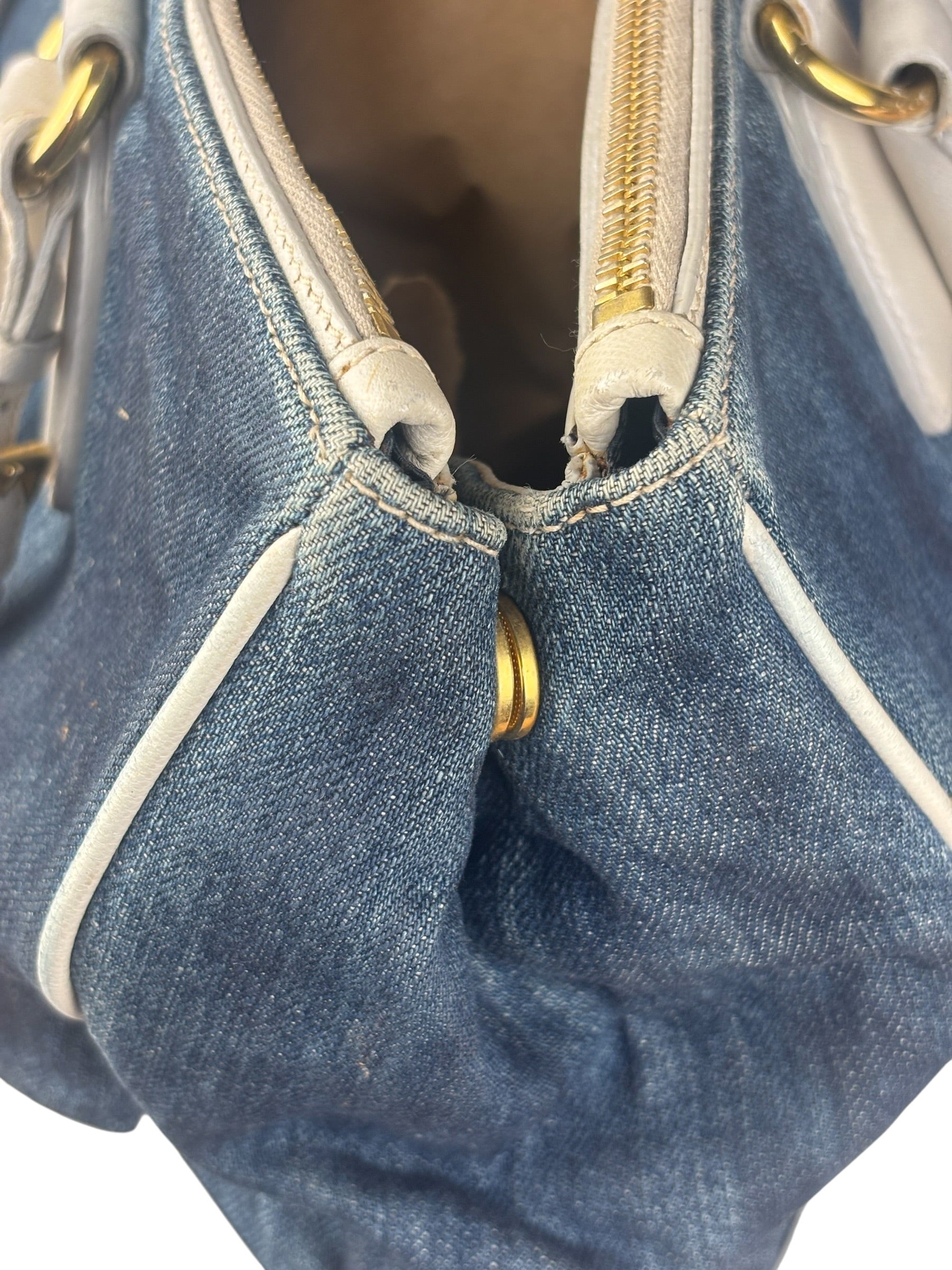 Prada Denim White Leather Trim Saffiano Handbag