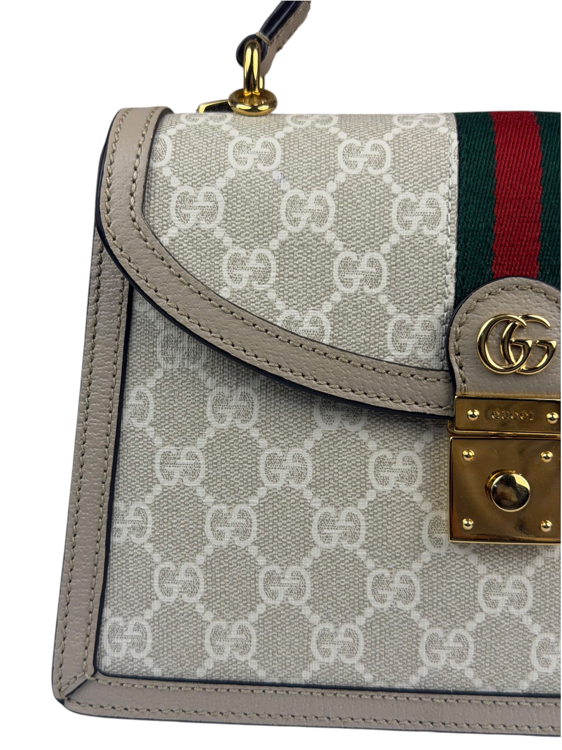 Gucci Beige Leather Trim Medium Ophidia Top Handle Bag
