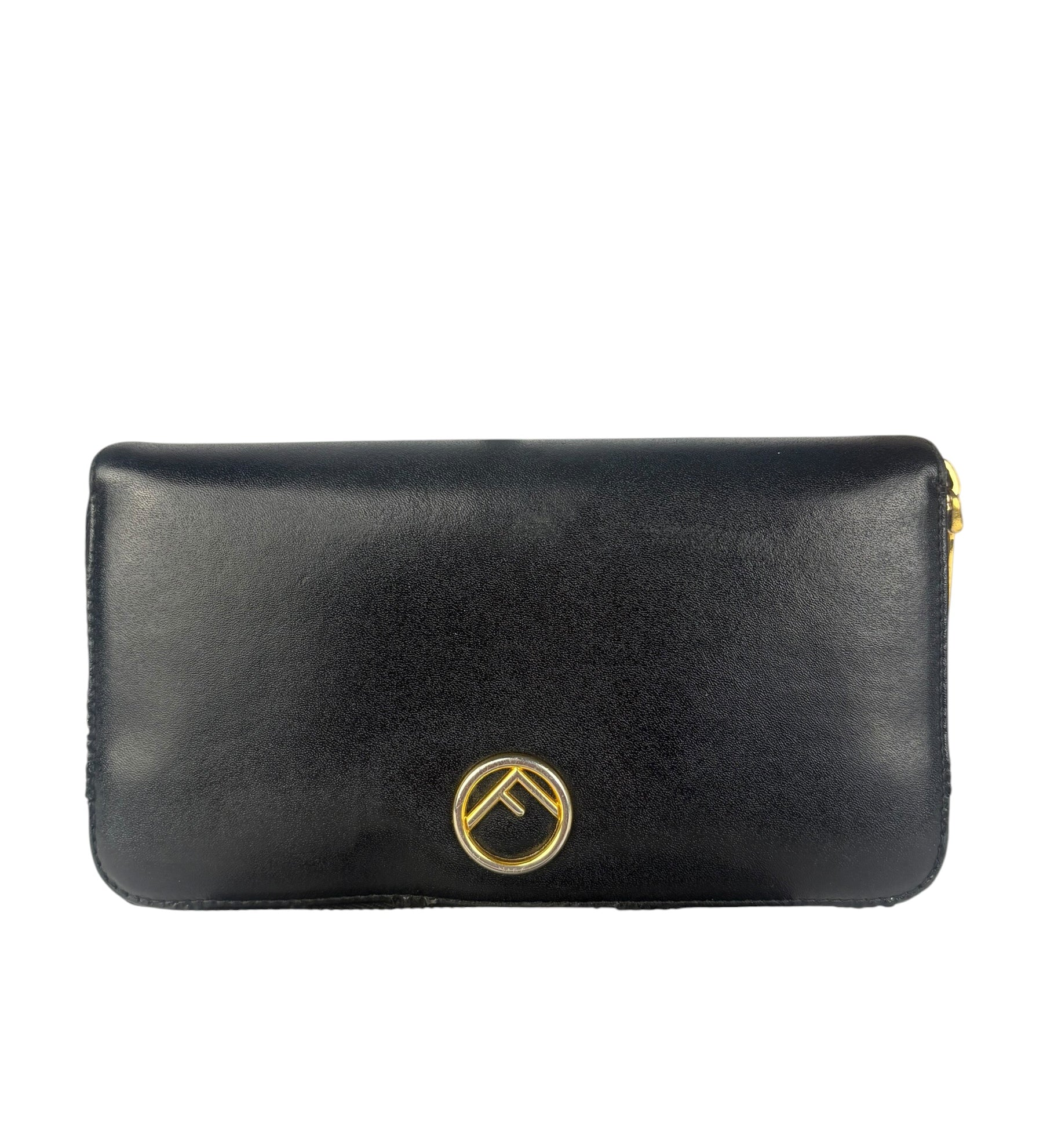 Fendi Black Leather F Logo Zip-Around Long Wallet