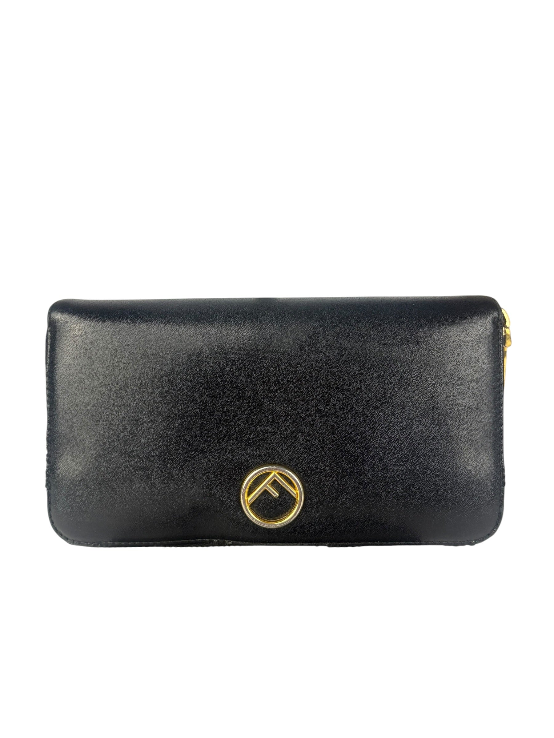Fendi Black Leather F Logo Zip-Around Long Wallet