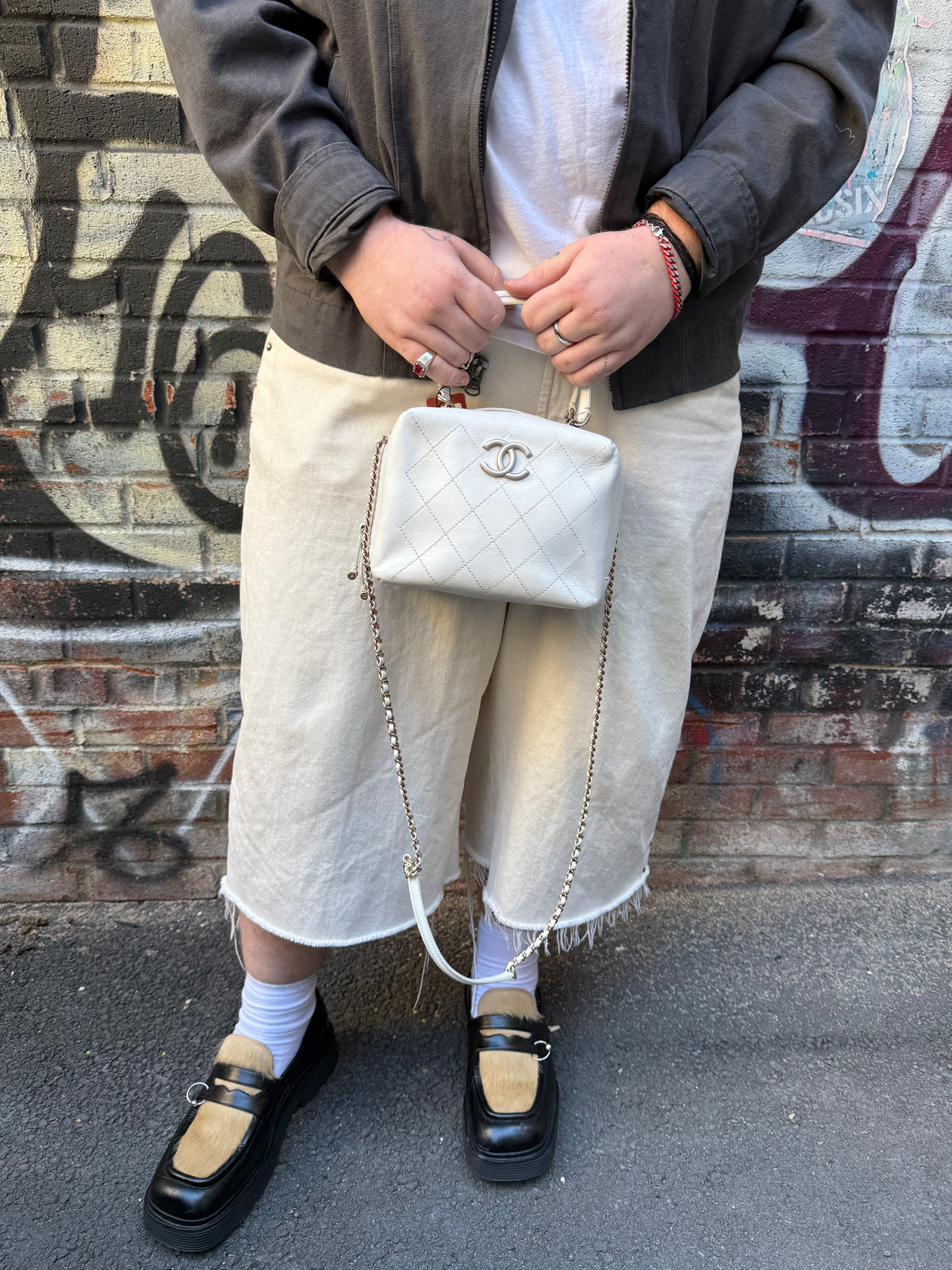 Chanel White Quilted Leather Vanity Small Bowling Two-Way Bag 2019