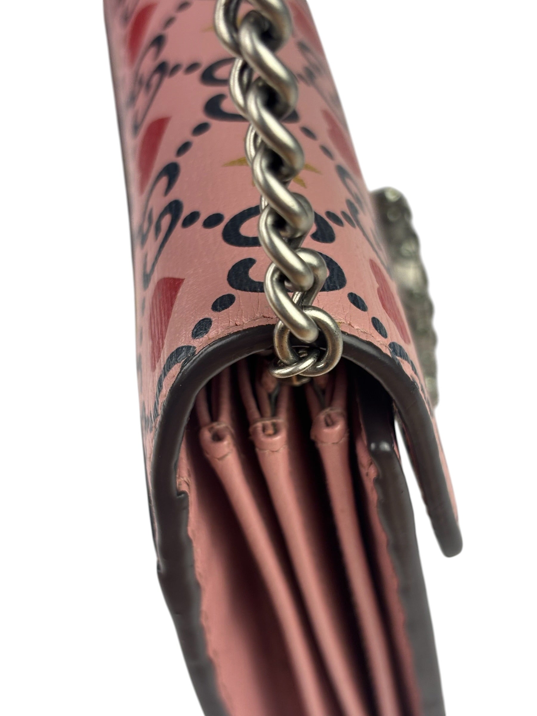 Gucci Pink Leather Dionysus GGCrystal Valentines Small Wallet On Chain