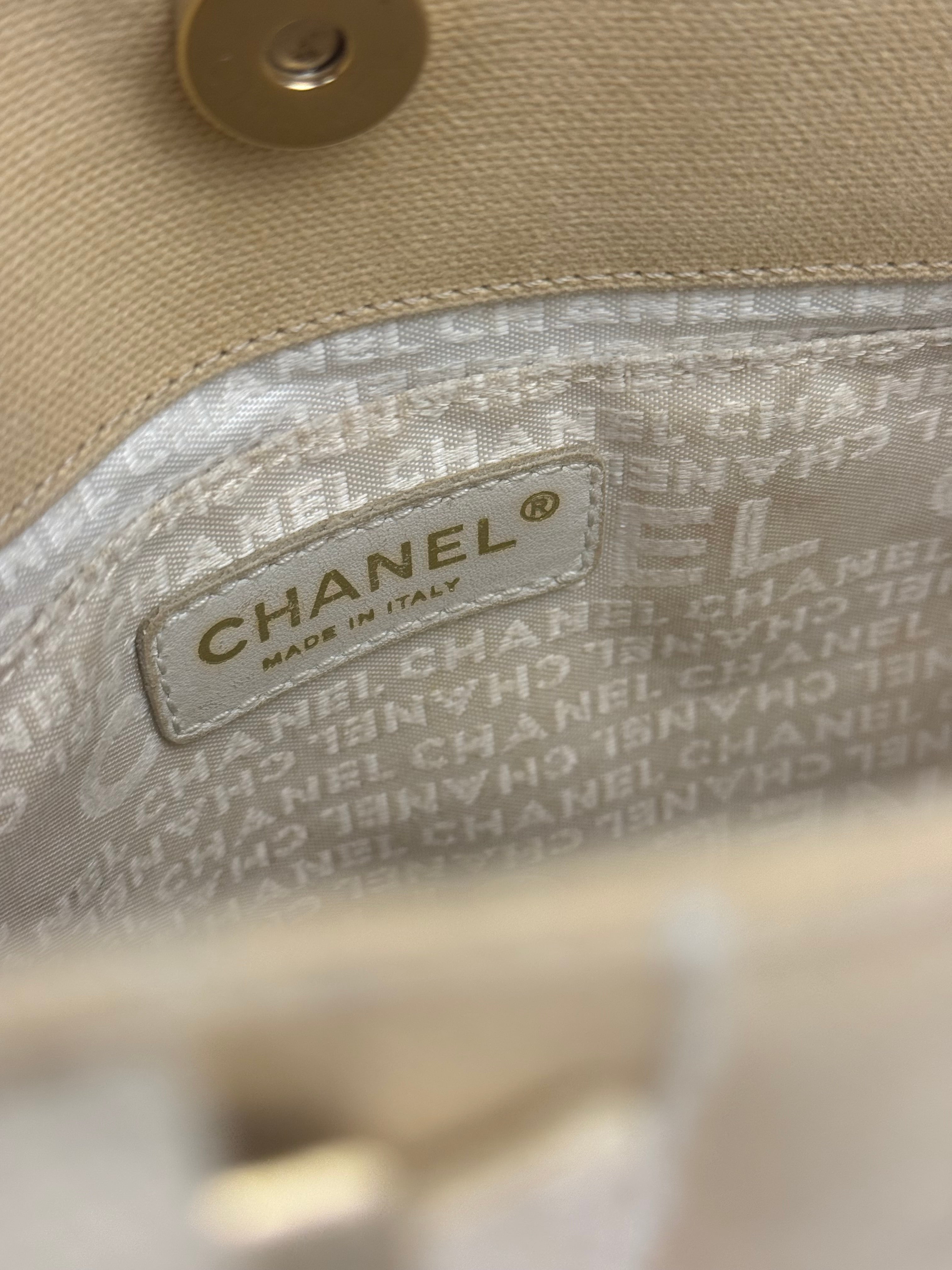 Chanel Vintage Beige Canvas Quilted Chocolate Bar Tote 2003