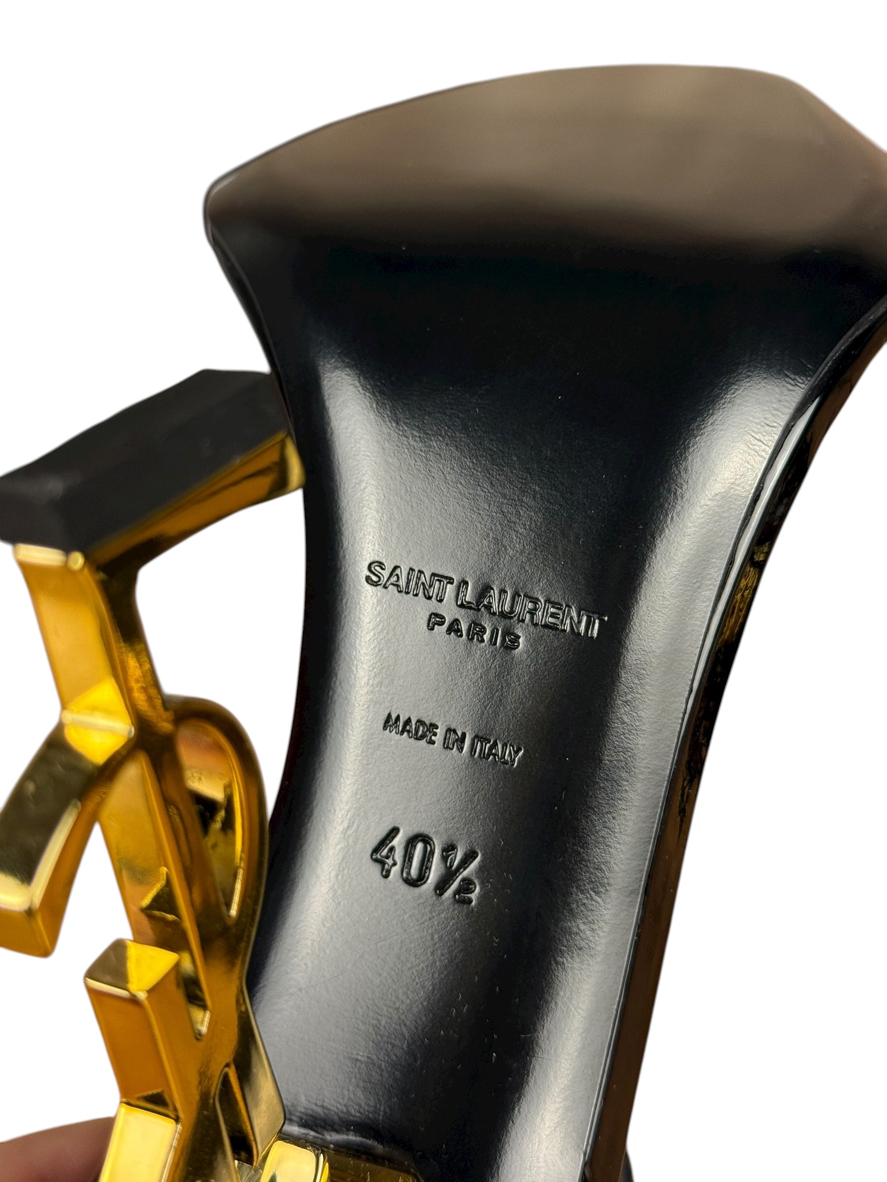 Saint Laurent Glossy Black Gold Logo Heels