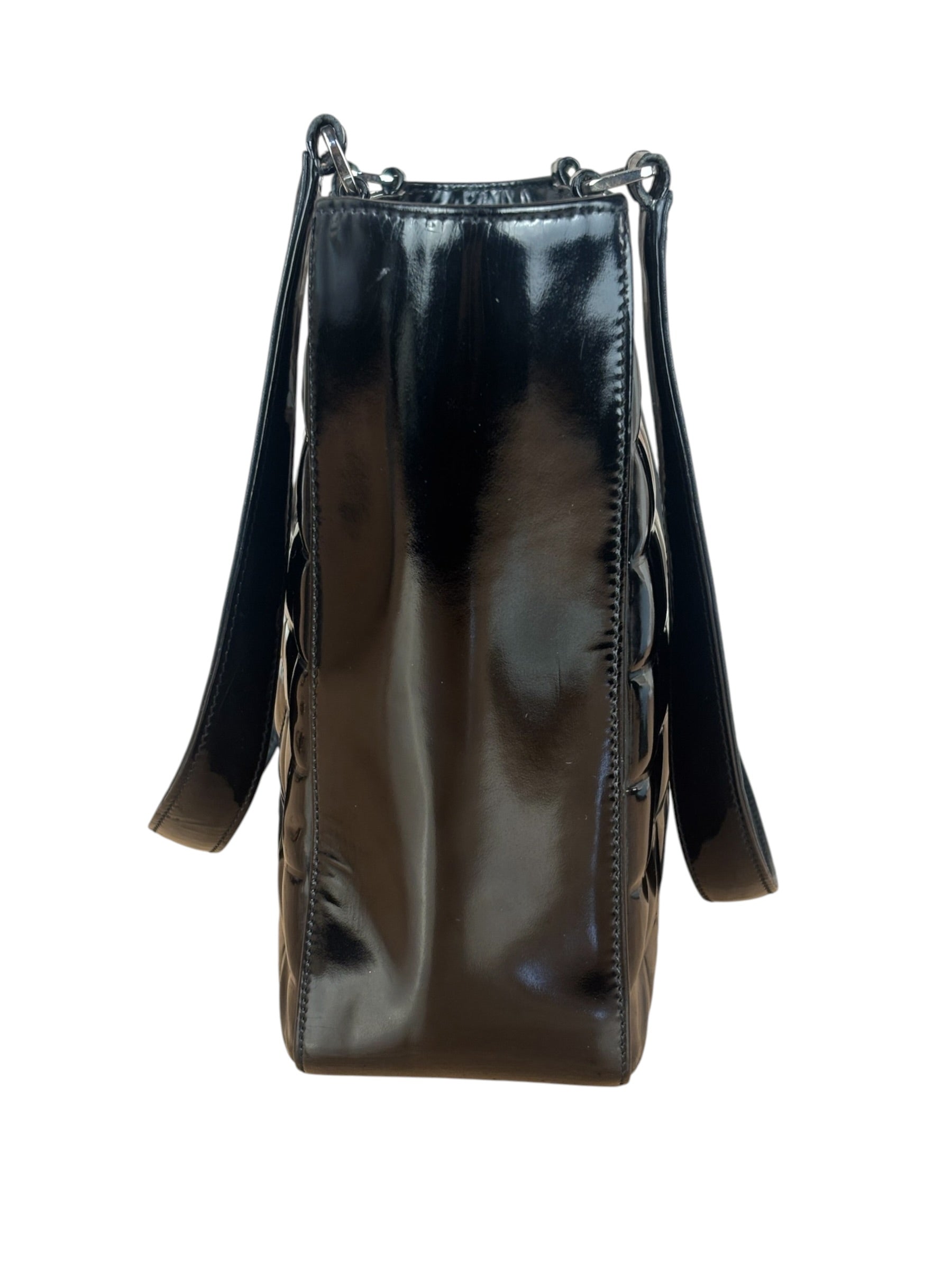 Chanel Vintage Black Patent Leather Chocolate Bar Tote Bag 2002