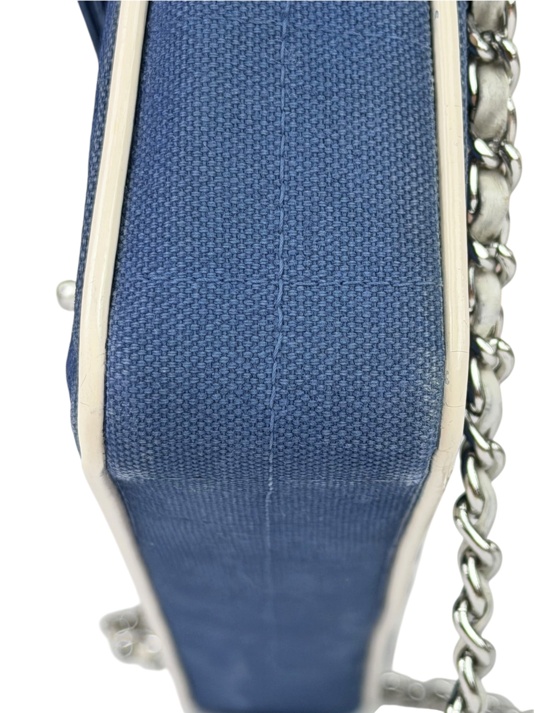 Chanel Blue/Cream Patent Leather Trim East-West Chocolate Bar Shoulder Bag 2002