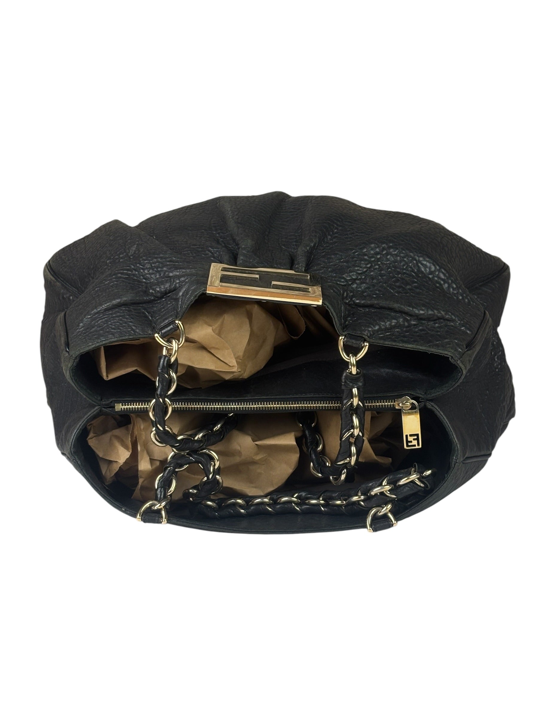Fendi Vintage Black Leather Mia Chain Tote