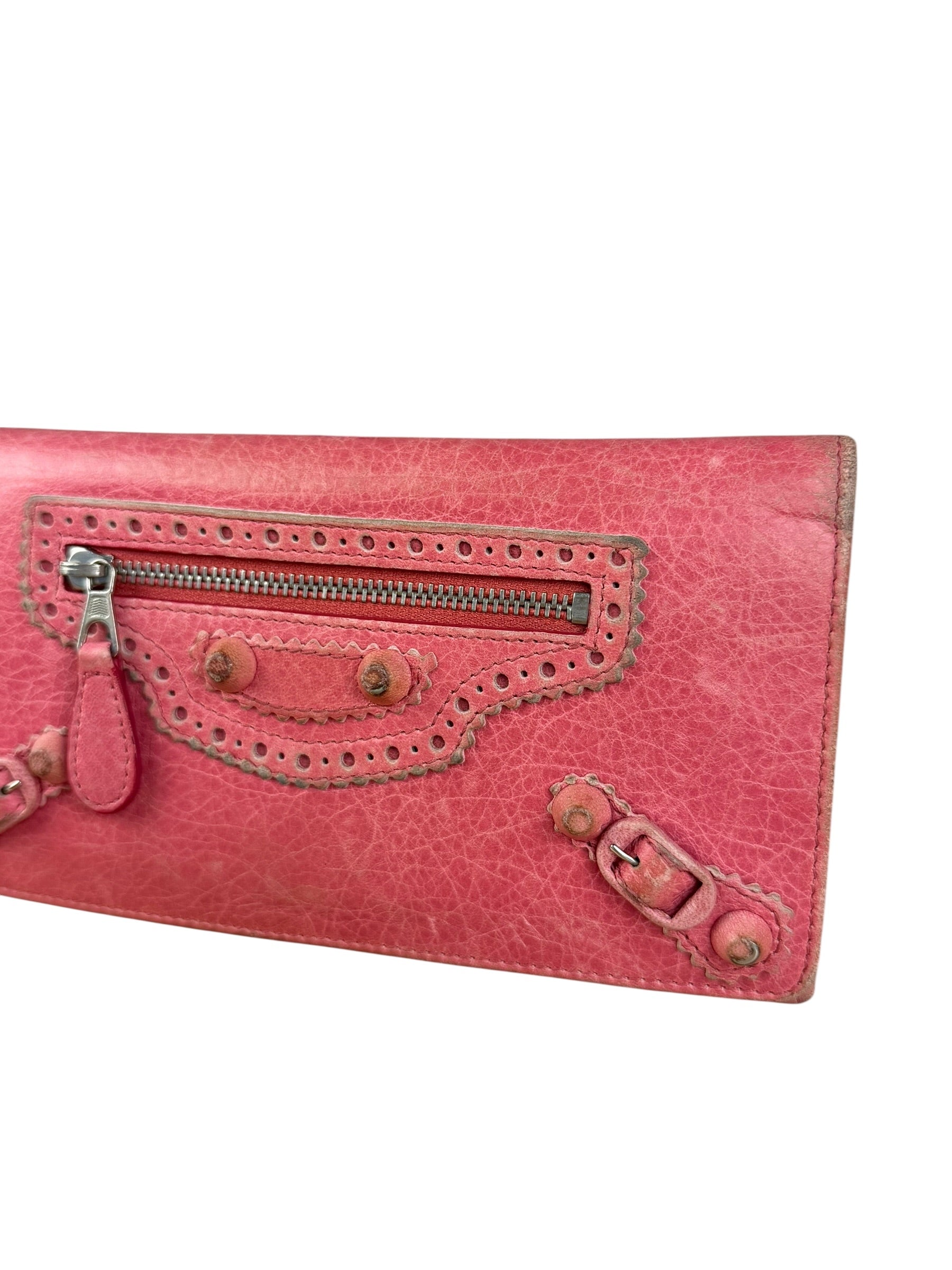 Balenciaga Pink Leather Moto Long Wallet