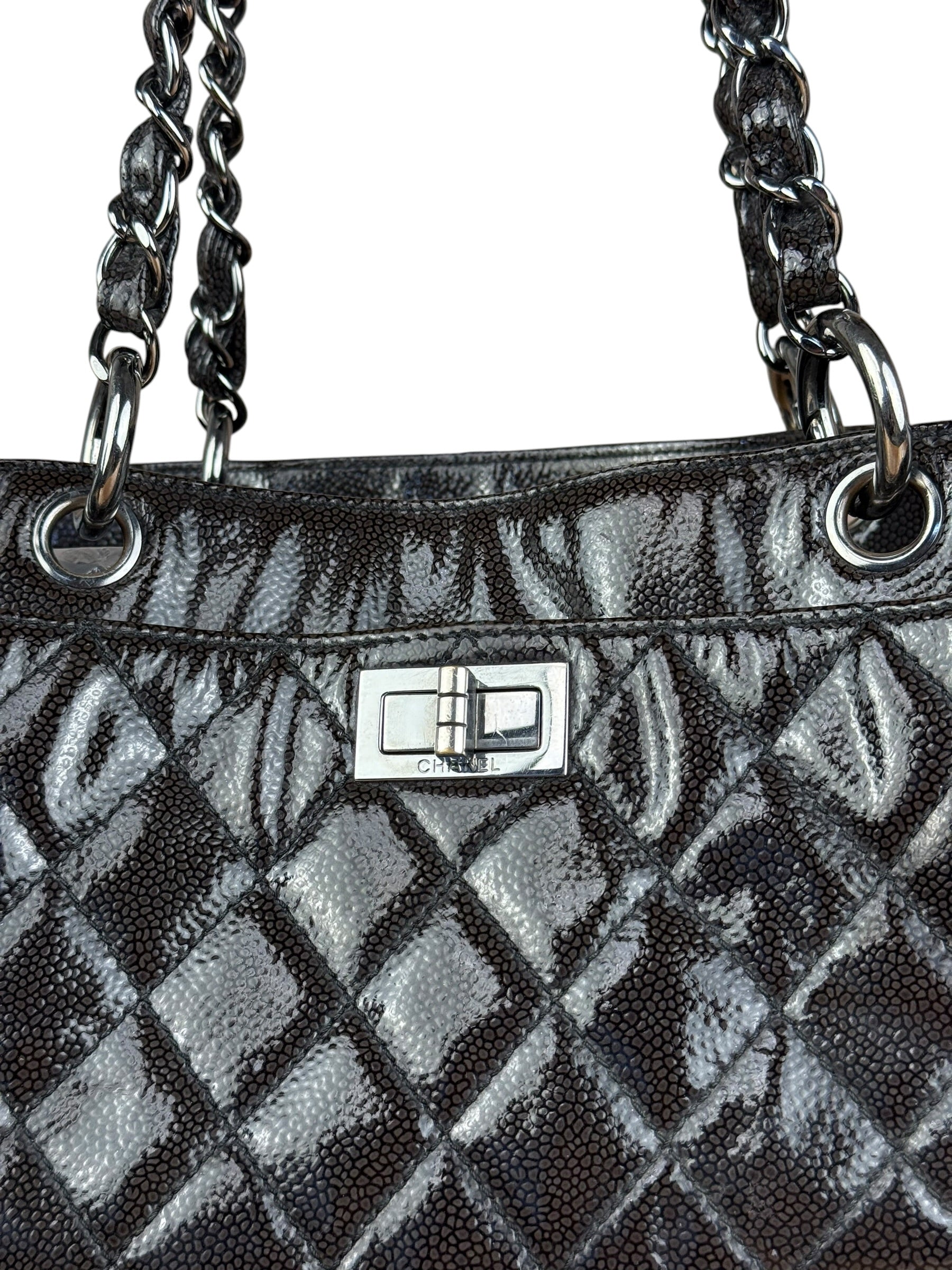 Chanel Black/Grey Textured Patent 2.55 Reissue Chain Tote