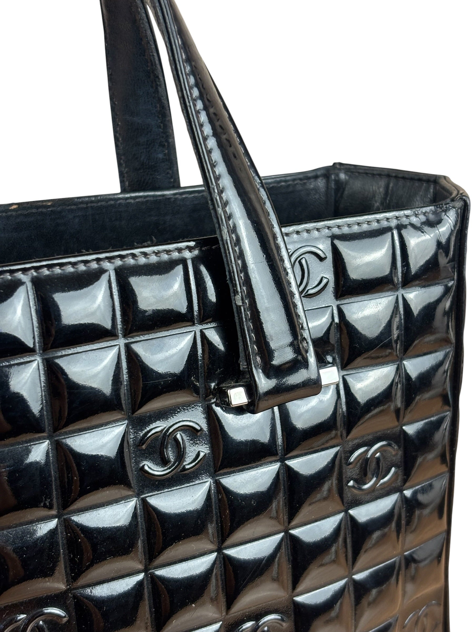 Chanel Vintage Black Patent Leather Chocolate Bar Pyramidal Tote Bag 2002