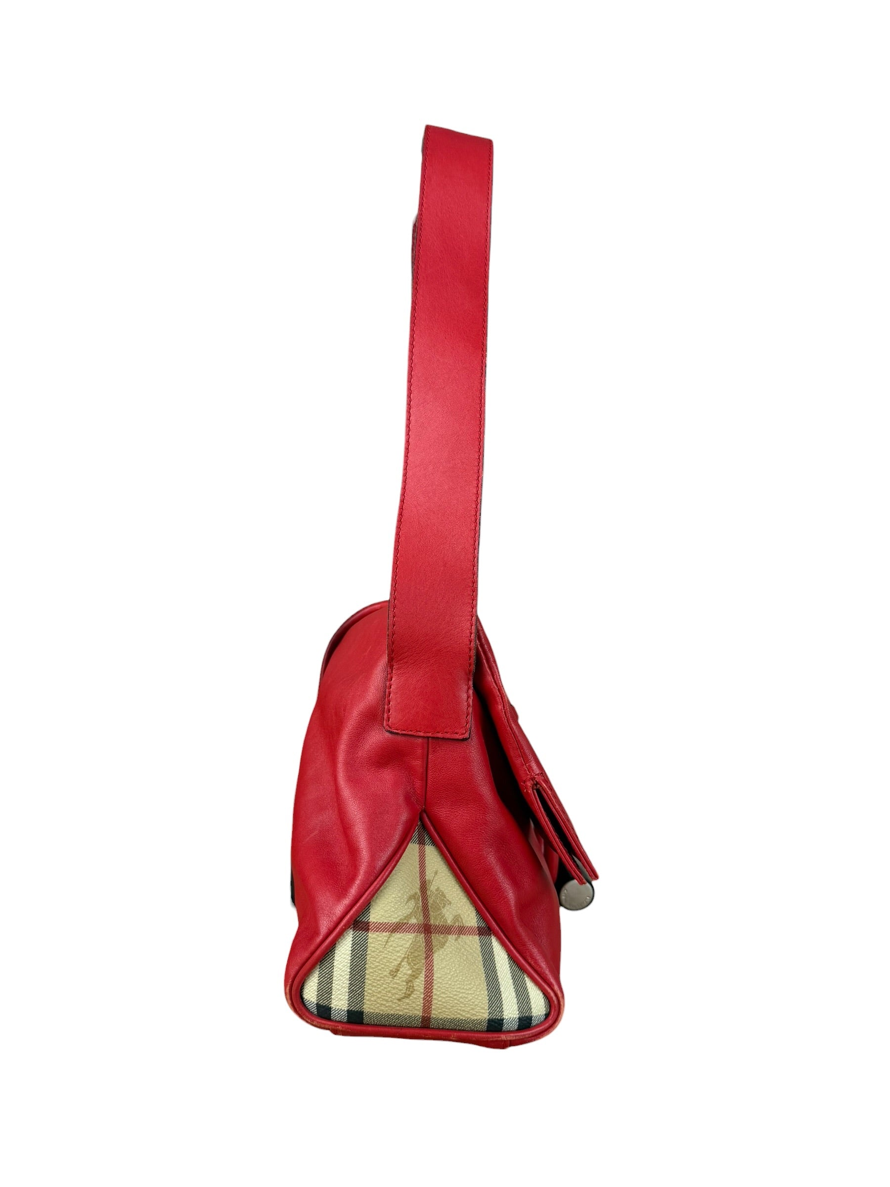Burberry Red Leather Haymarket Check Shoulder Bag