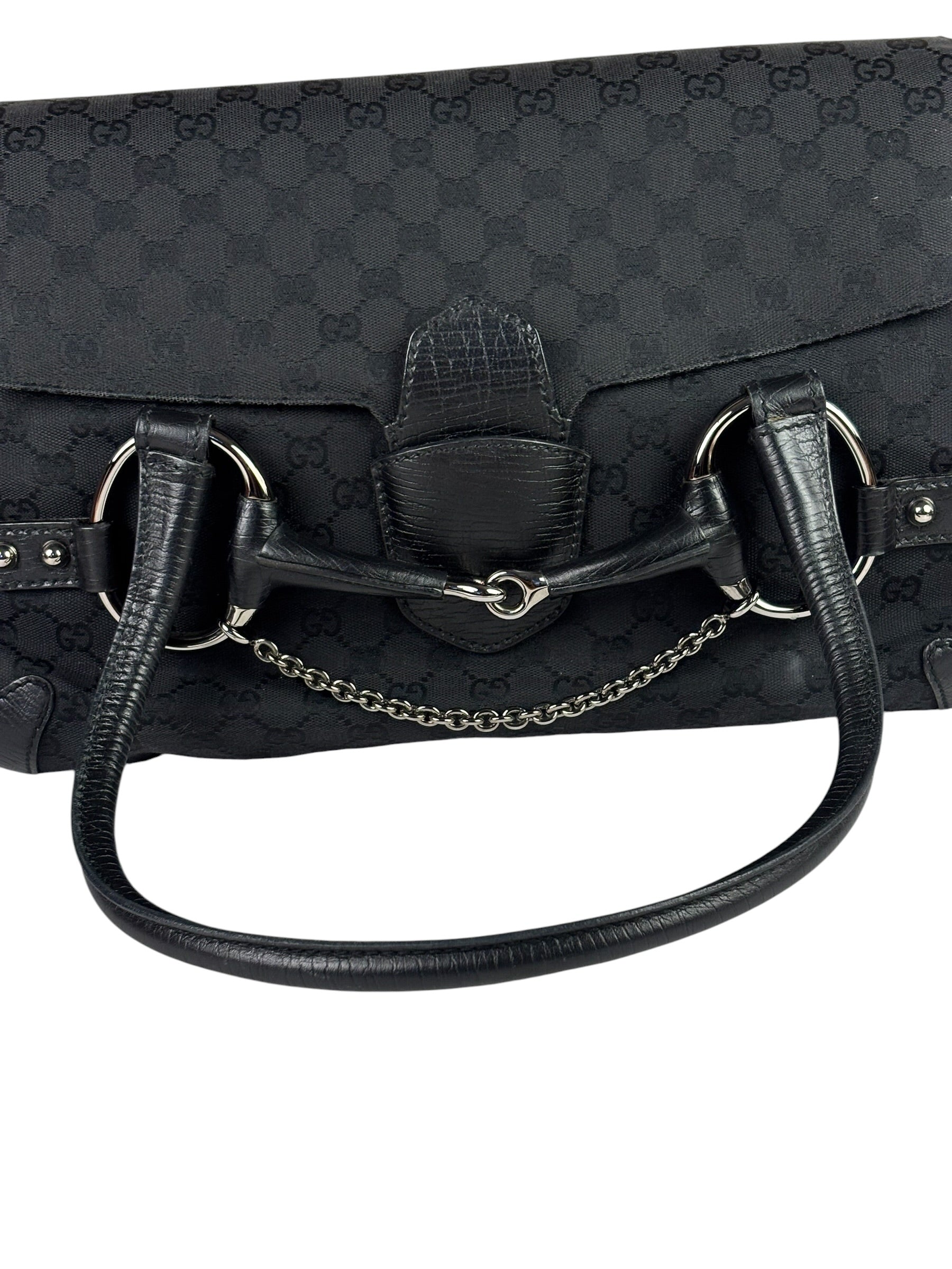 Gucci Black Leather Trim GG Horsebit Shoulder Bag