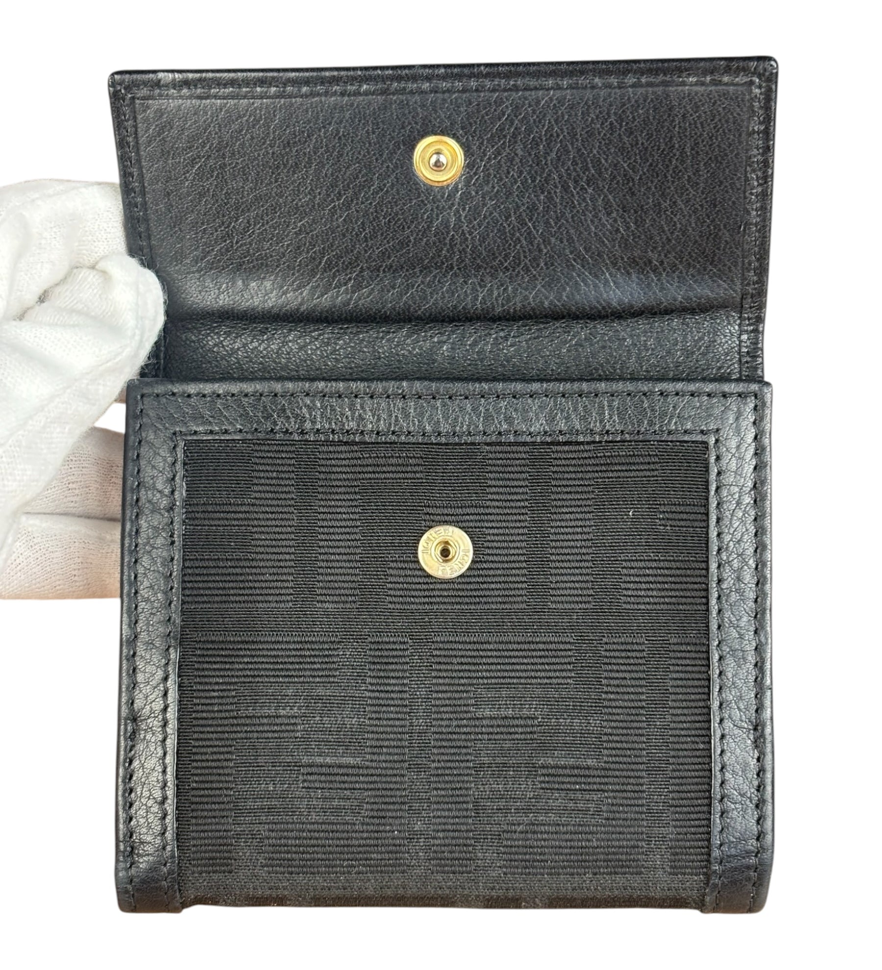 Fendi FF Black Canvas Leather Trim Compact Wallet