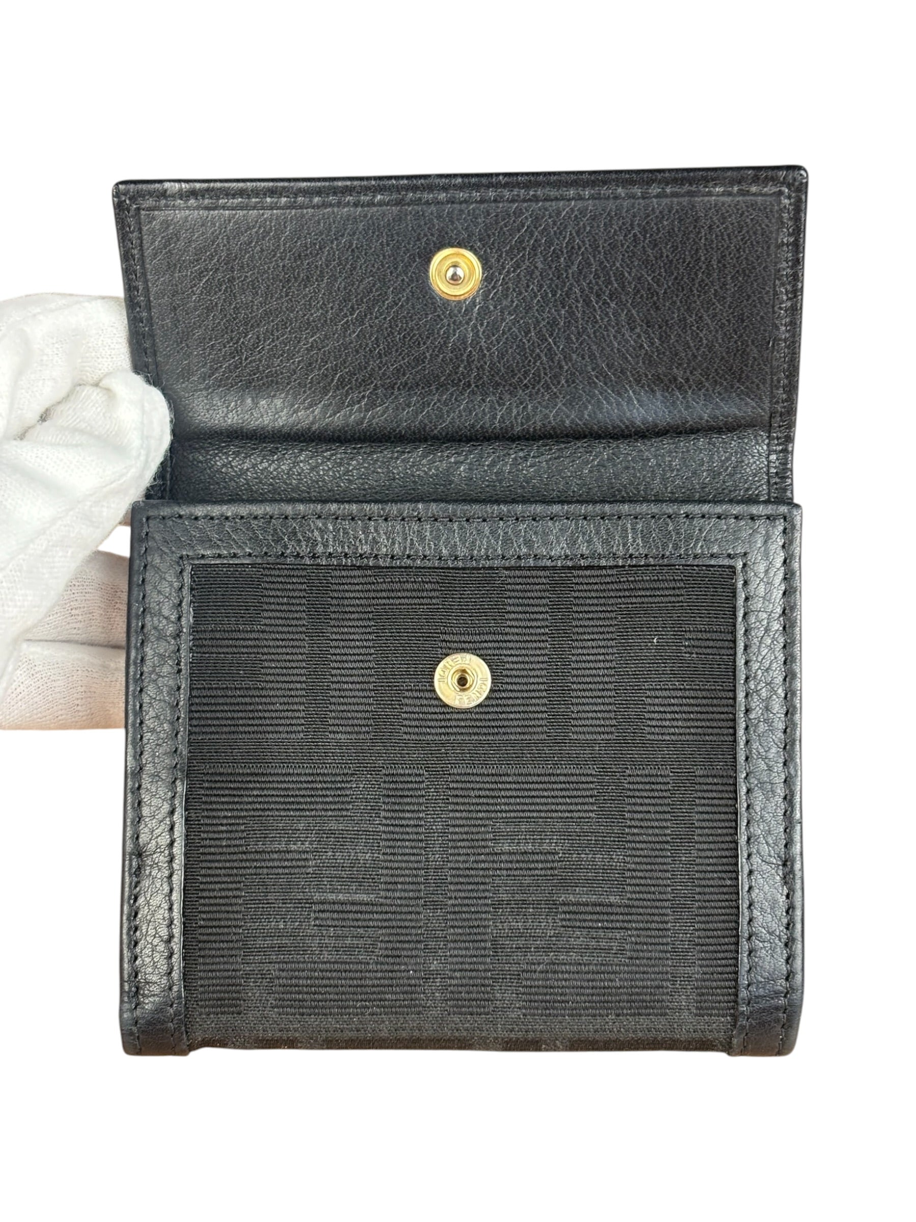 Fendi FF Black Canvas Leather Trim Compact Wallet