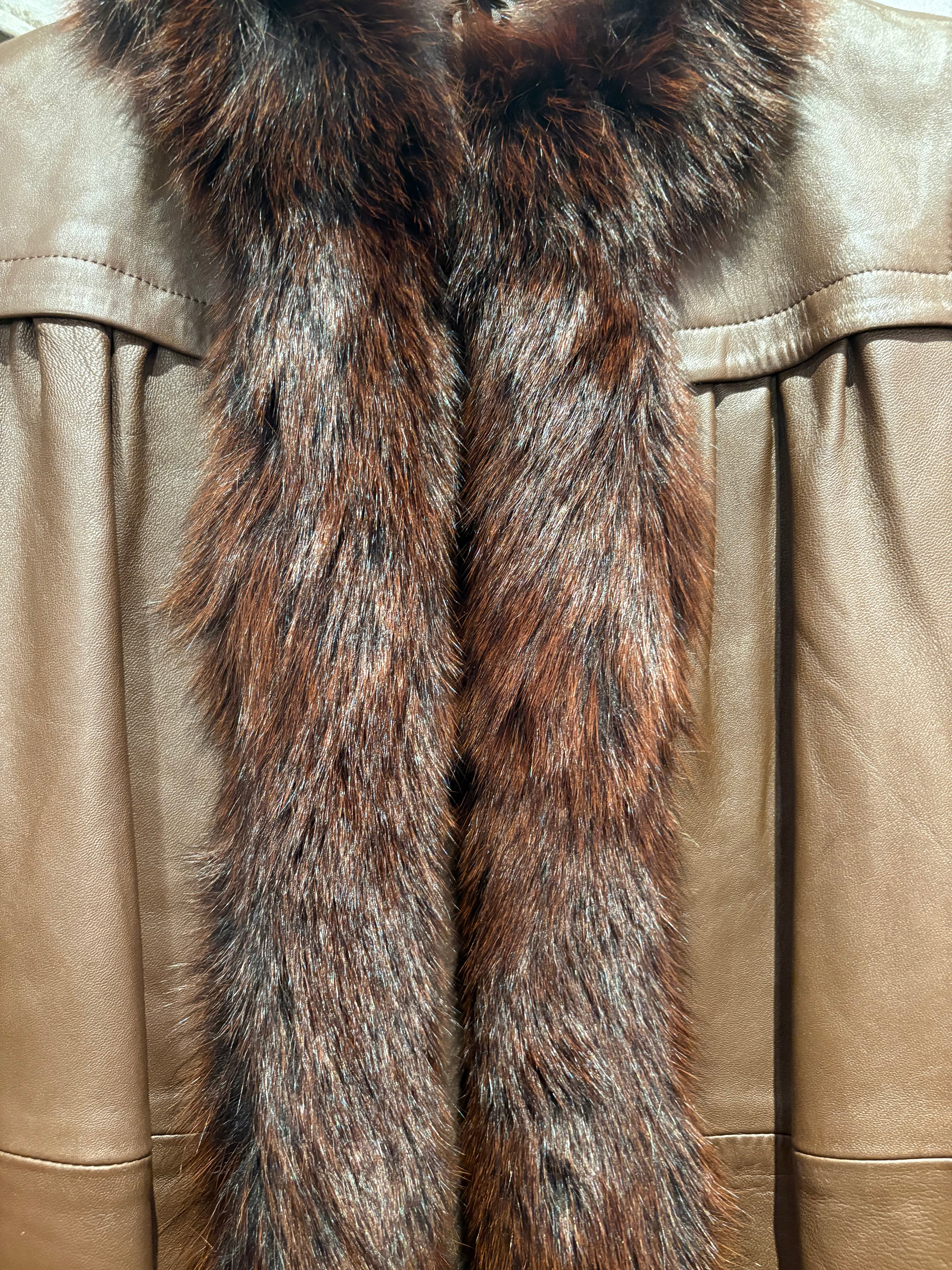 Vintage Brown Leather Fur Lined Long Coat