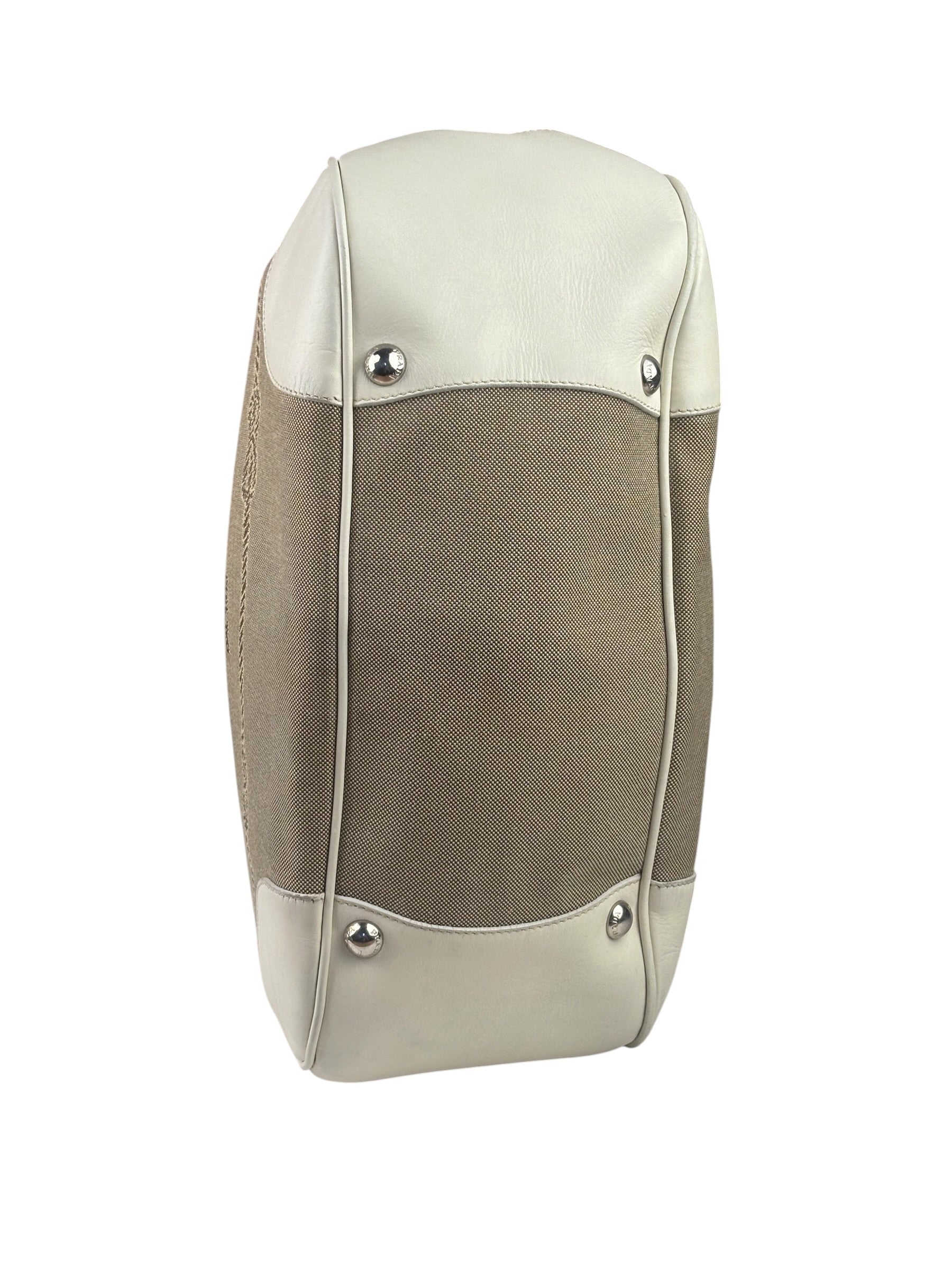 Prada Beige/Cream Leather Trim Logo Jacquard Hobo Bag
