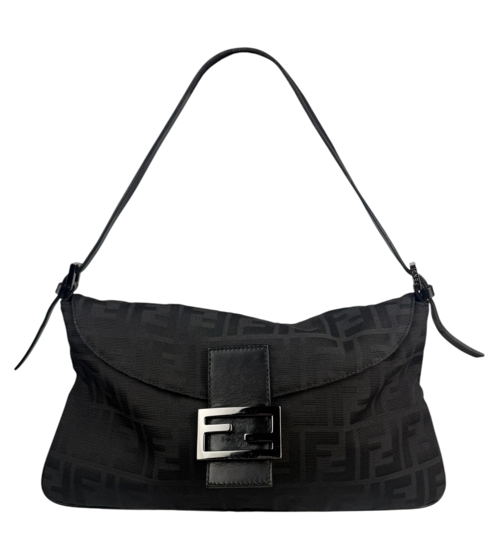 Fendi Black Leather Trim Zucca Mamma Baguette
