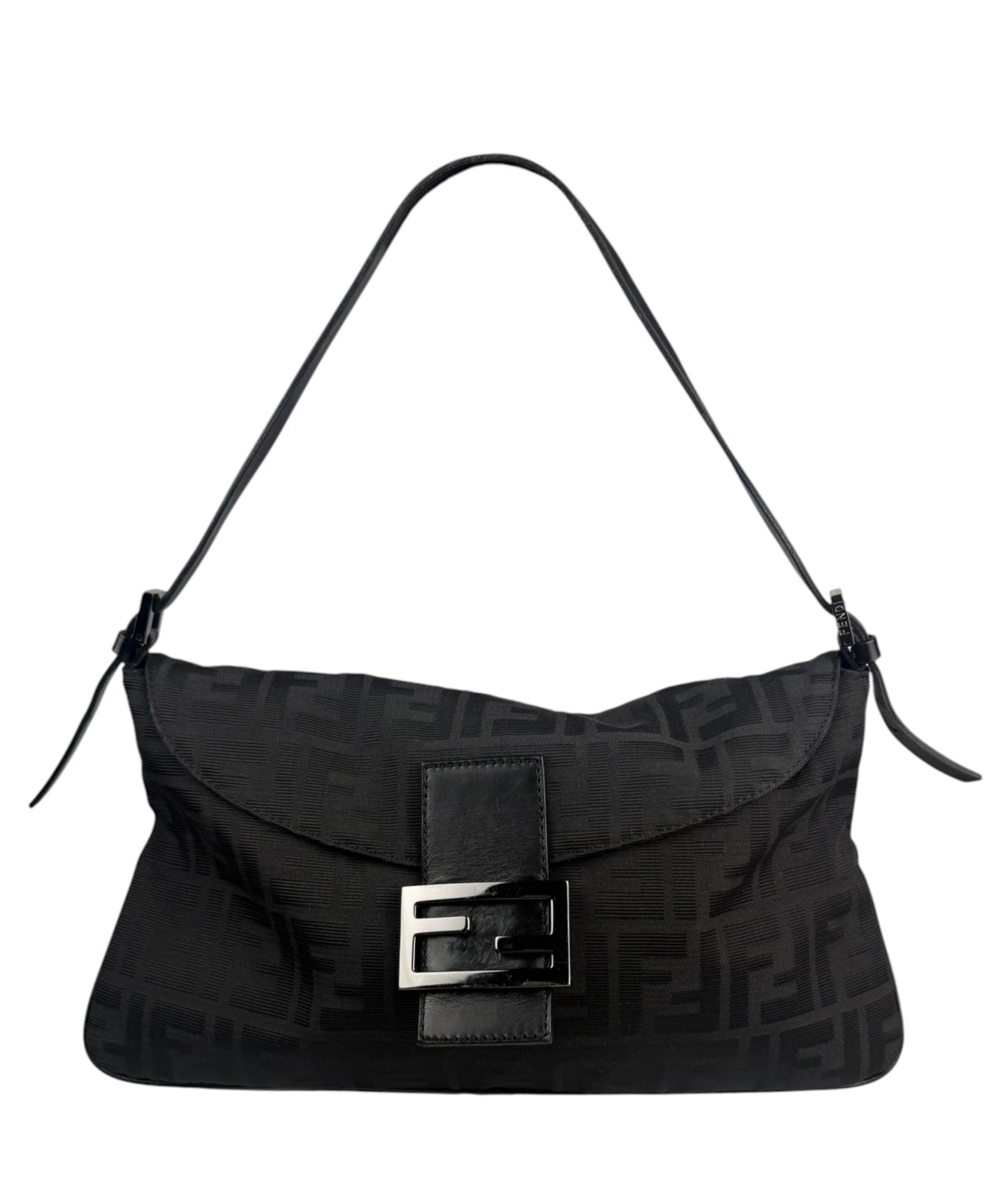 Fendi Black Leather Trim Zucca Mamma Baguette