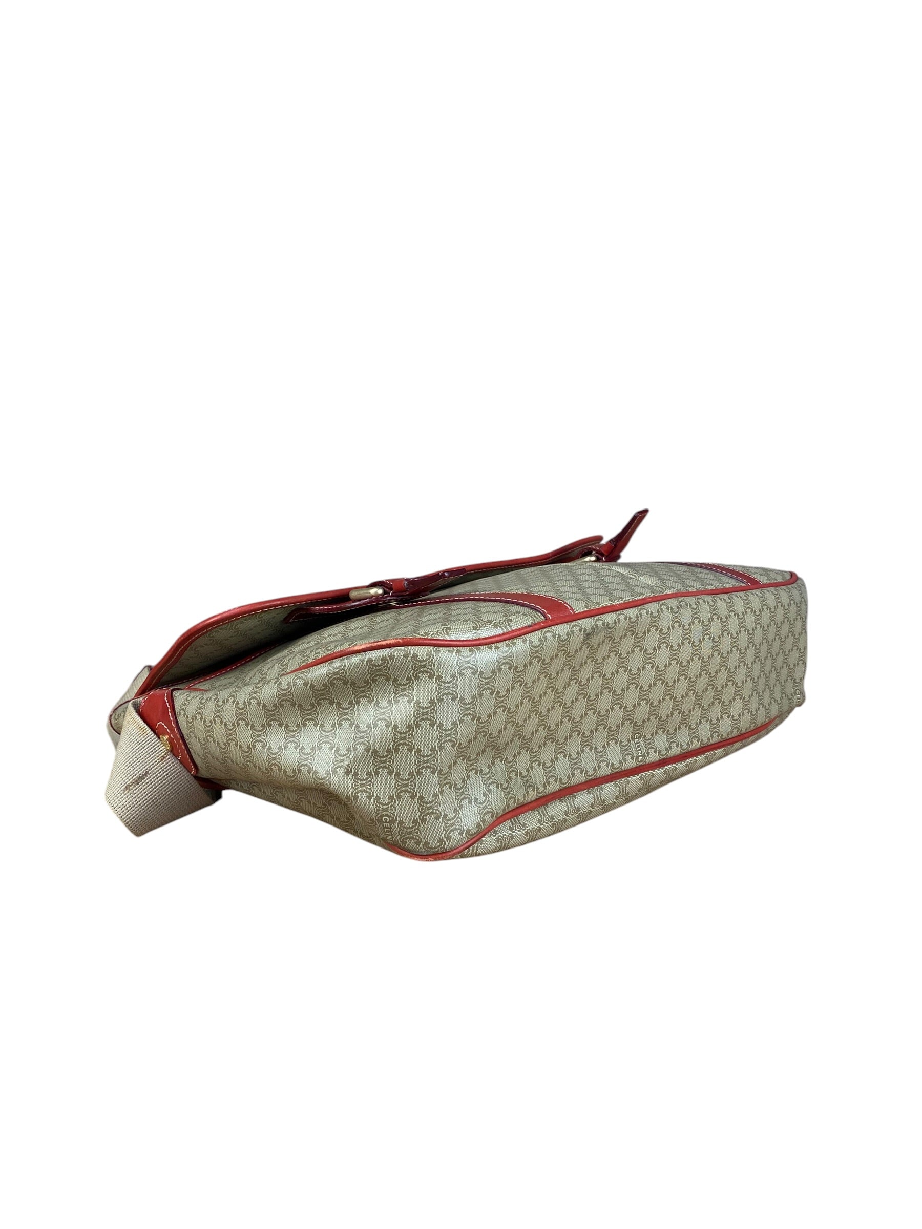 Celine Vintage Macadam Print Red Lined Flap Messenger Bag