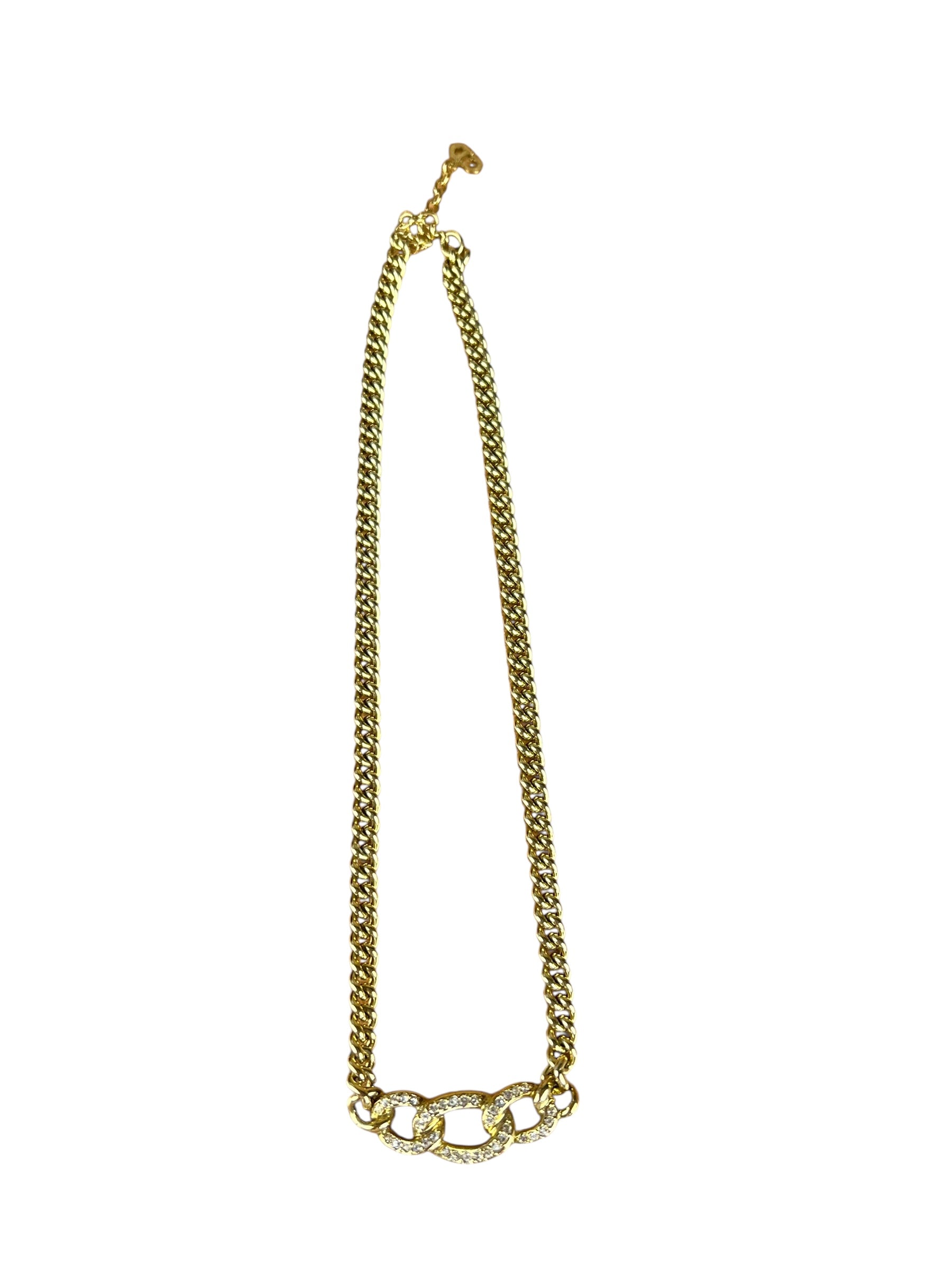 Christian Dior Rhinestone Chain Link Necklace Gold