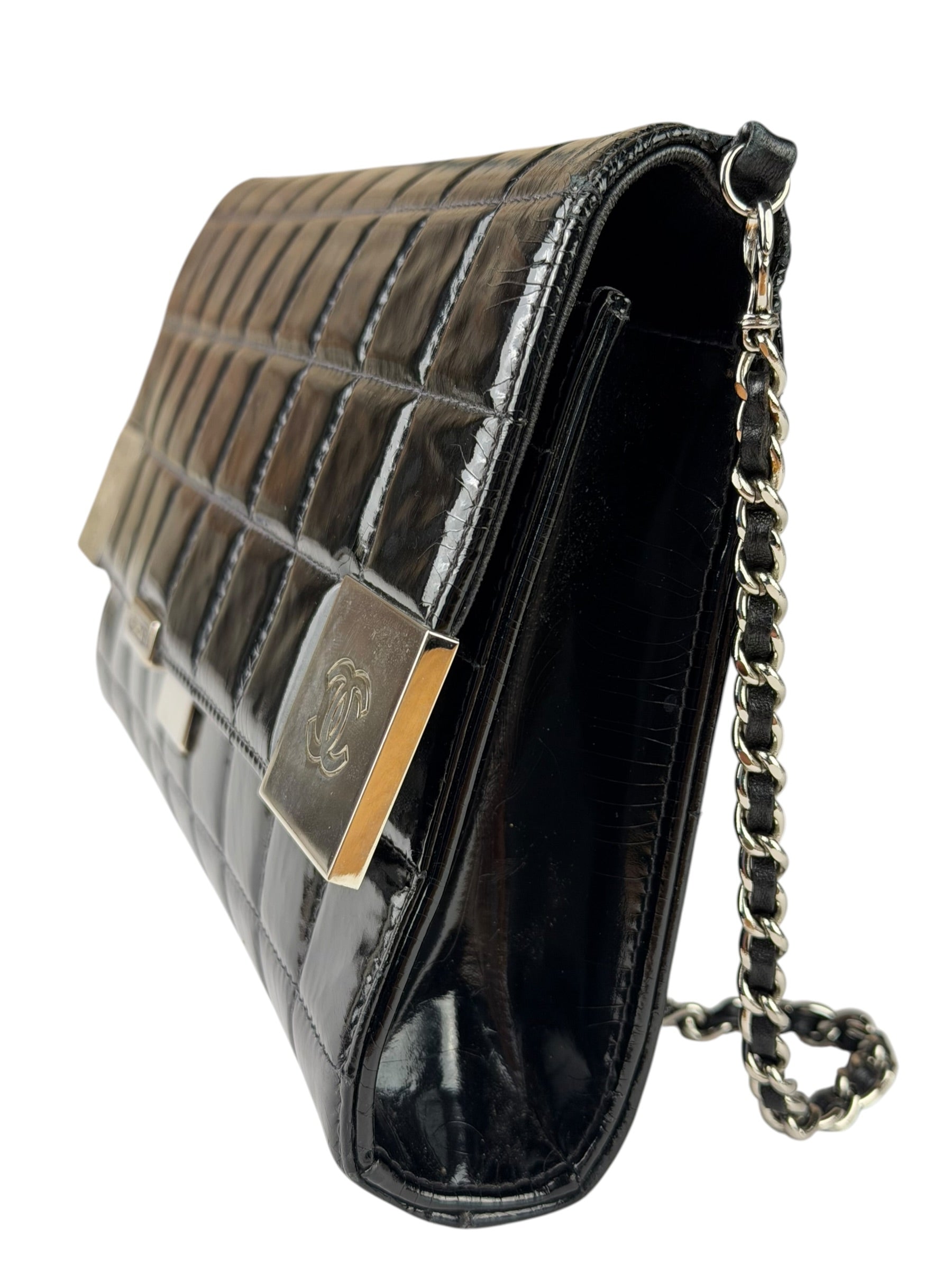 Chanel Black Patent Leather Chocolate Bar Flap Bag 2000