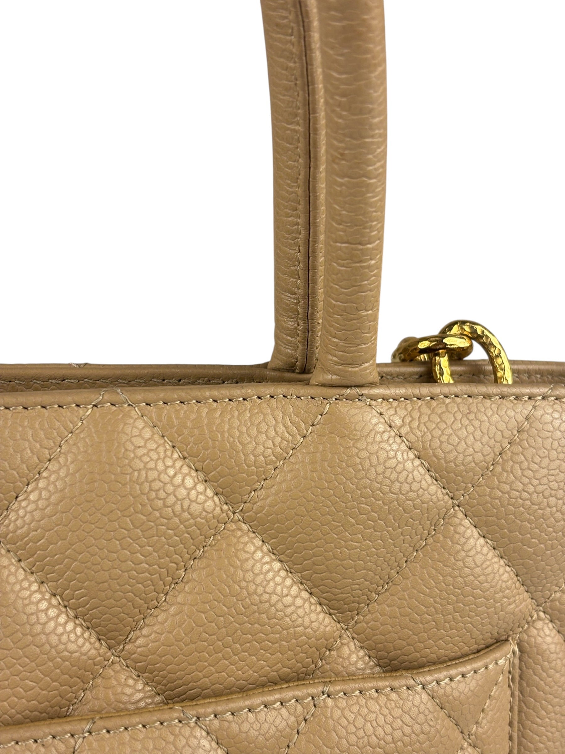 Chanel Vintage Beige Leather Diamond Quilted Medallion Tote Bag 2002