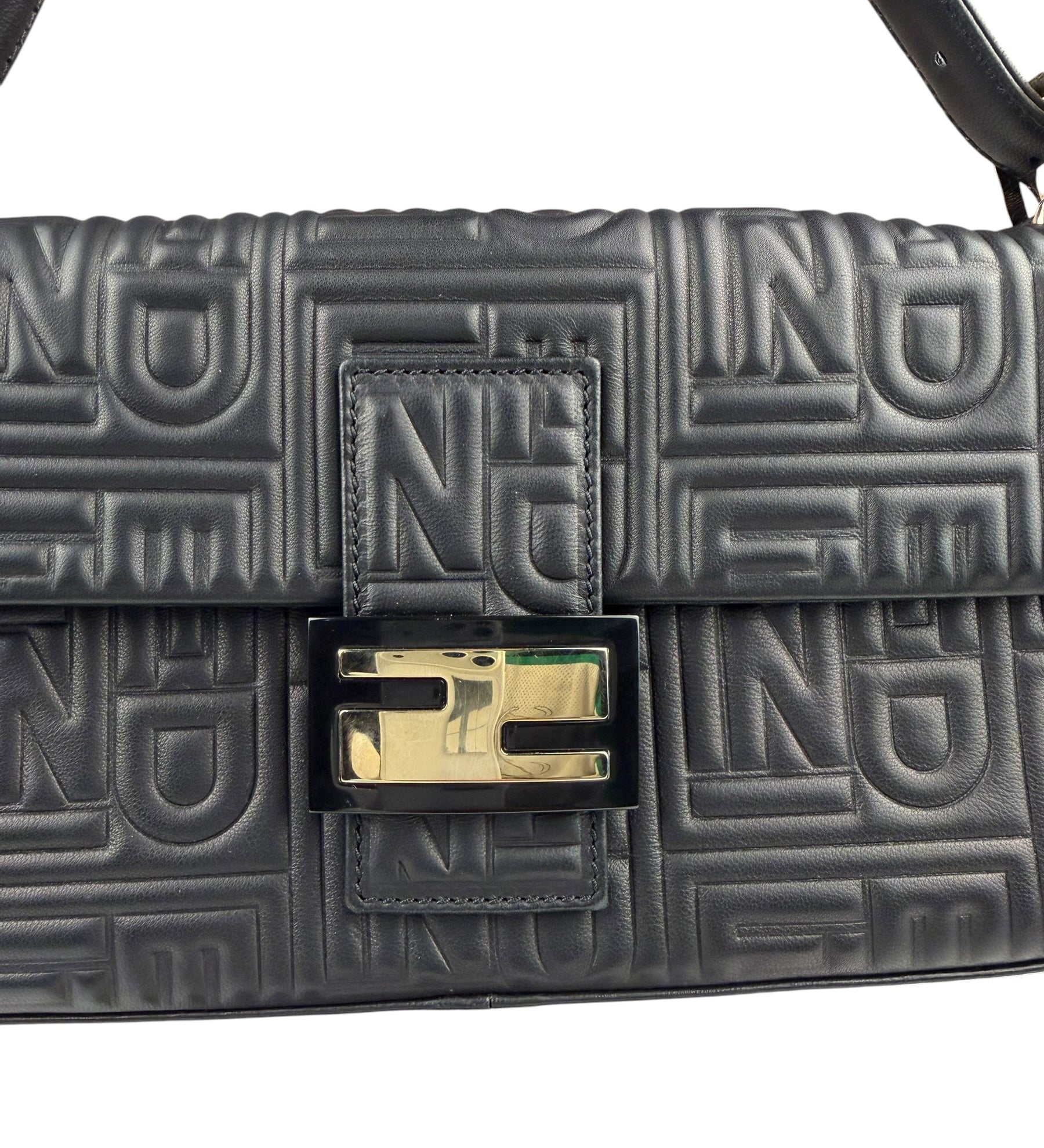 Fendi Black Leather 3D Logo Embossed Baguette