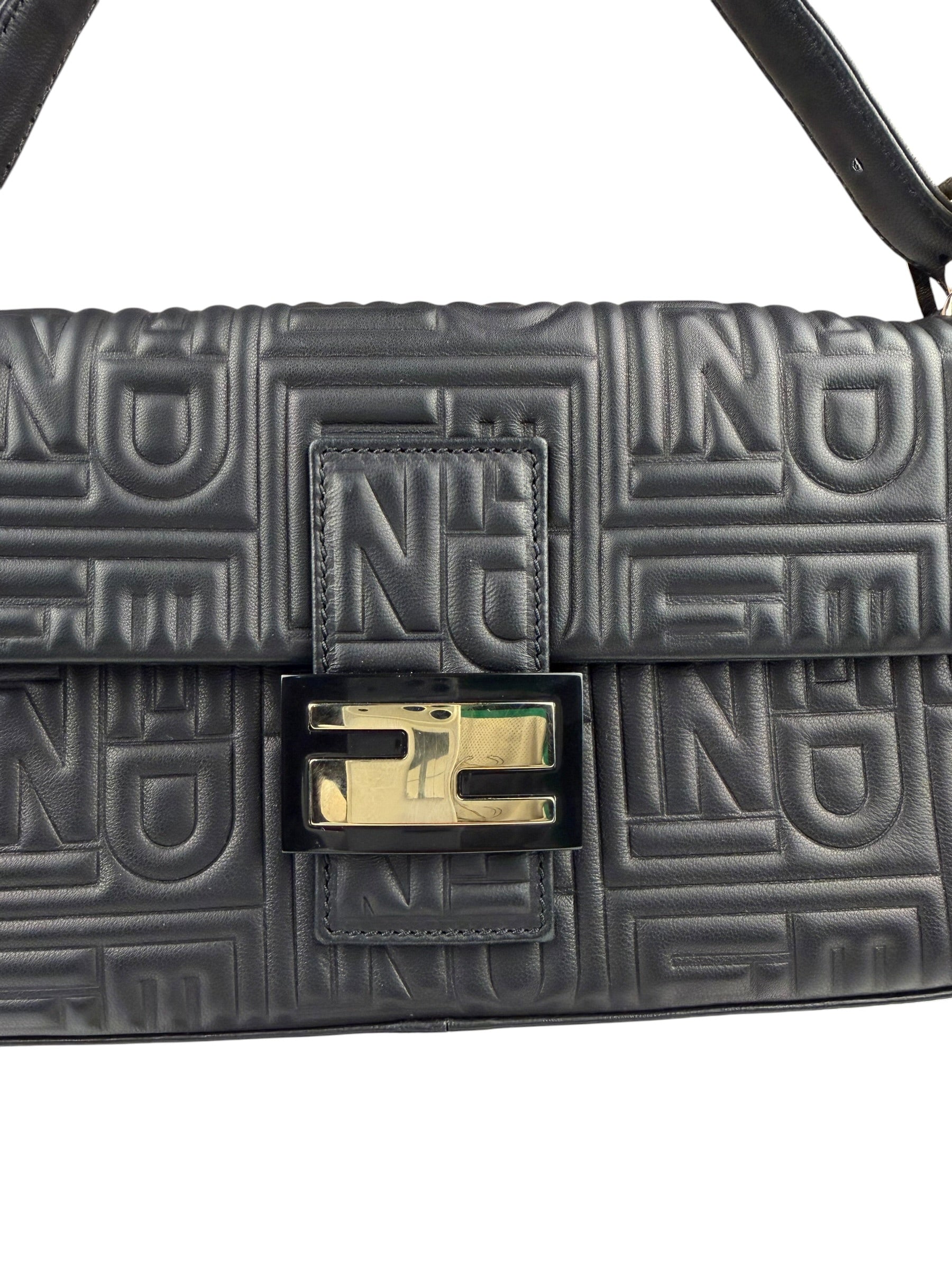 Fendi Black Leather 3D Logo Embossed Baguette