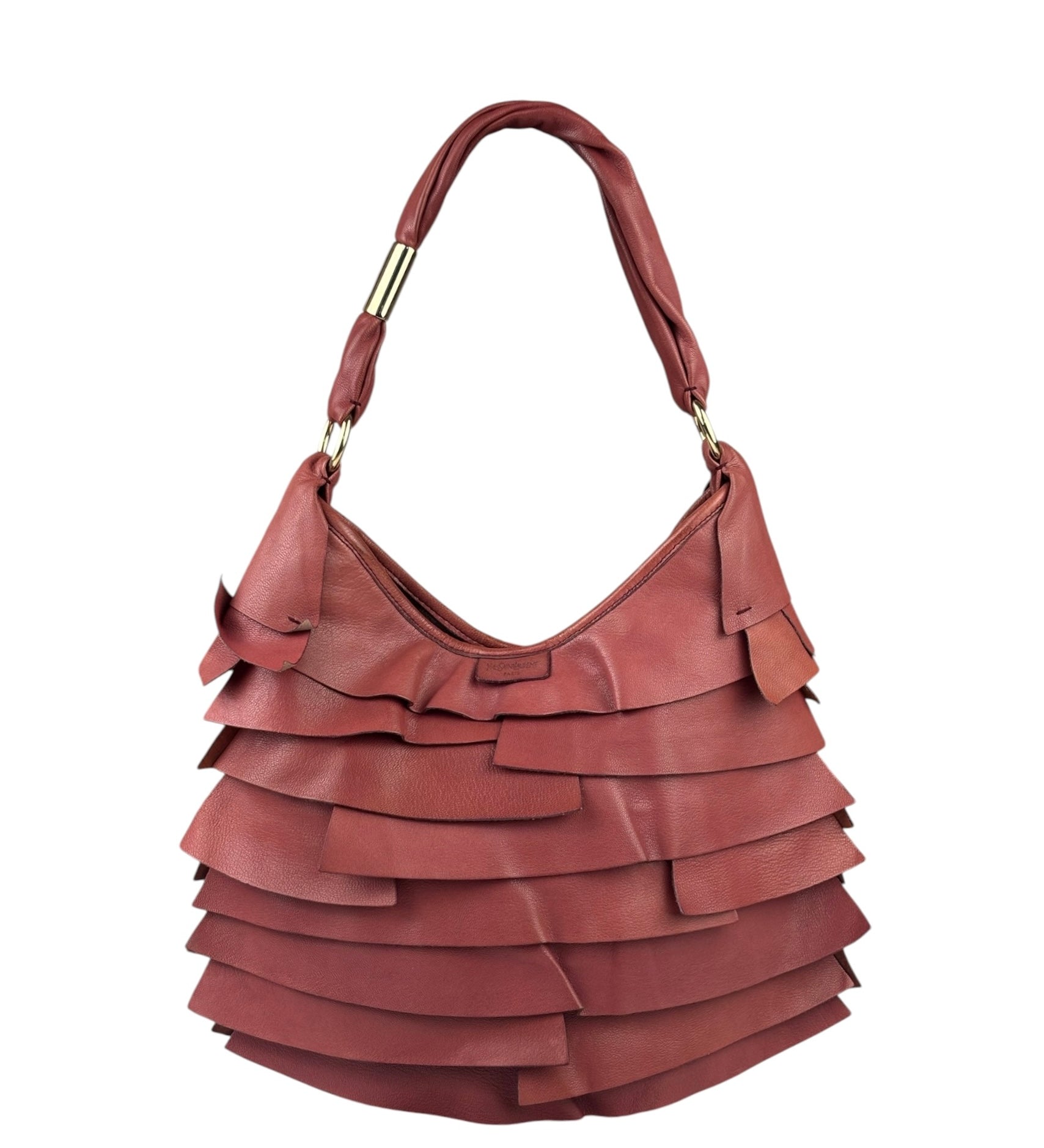 Yves Saint Laurent Dusty Rose Leather Tropez Ruffled Frilled Hobo Bag