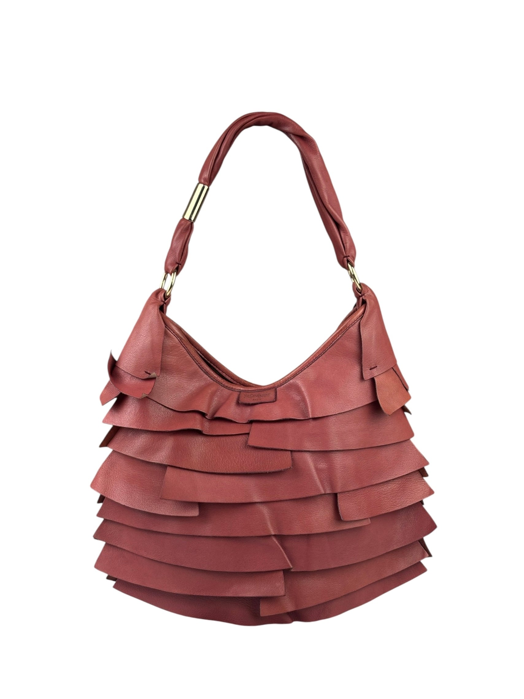 Yves Saint Laurent Dusty Rose Leather Tropez Ruffled Frilled Hobo Bag