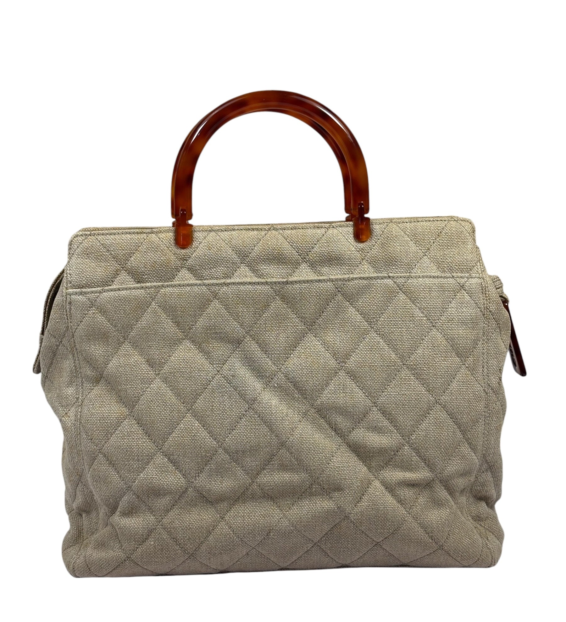 Chanel Vintage Beige Quilted Denim  Tortoise Tote 1996