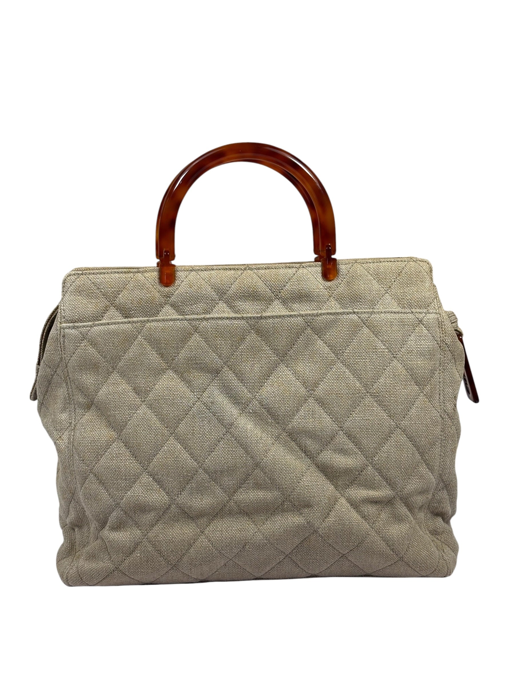 Chanel Vintage Beige Quilted Denim  Tortoise Tote 1996