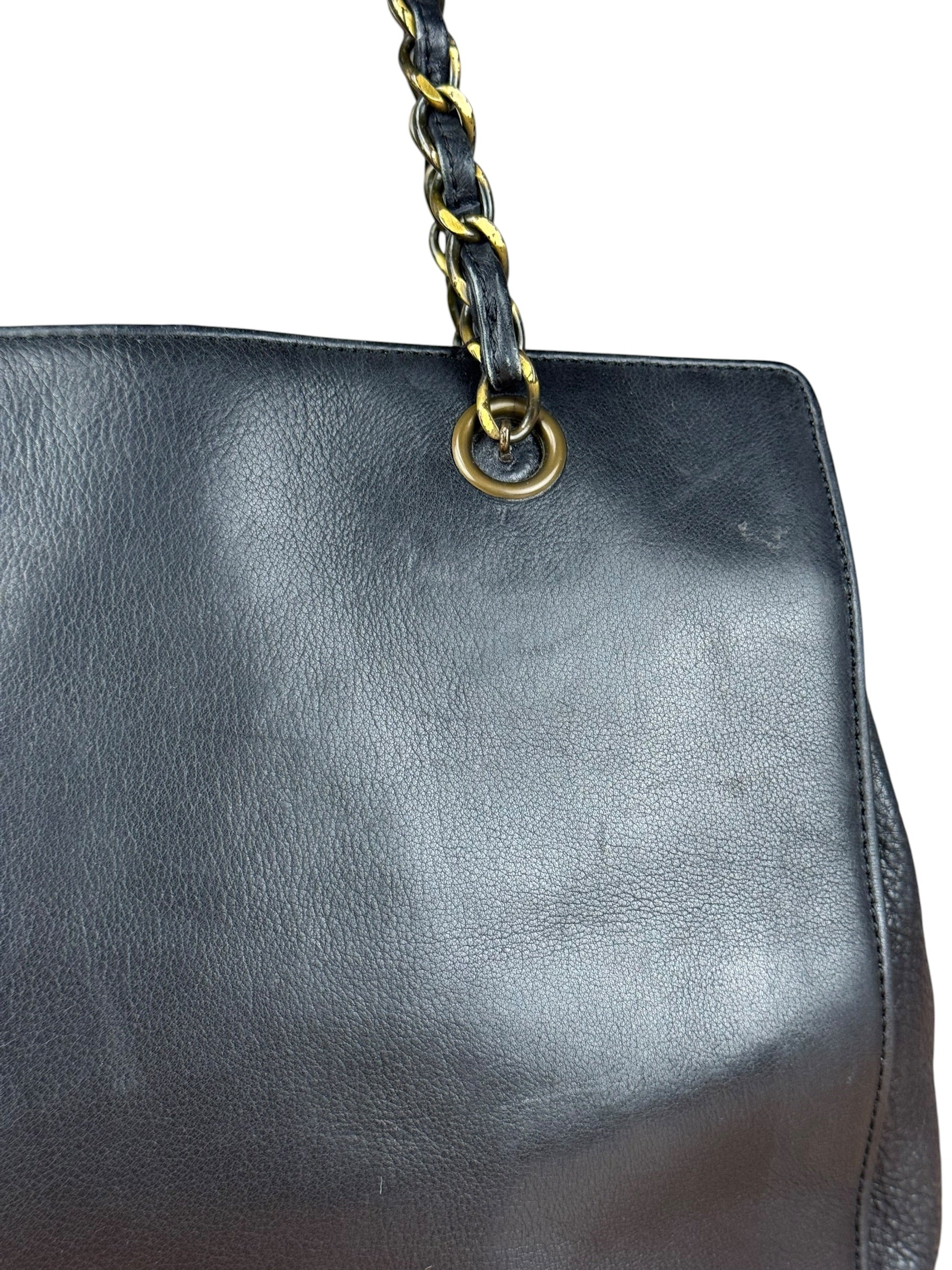 Chanel Black Leather Front Pocket Chain Tote 1998