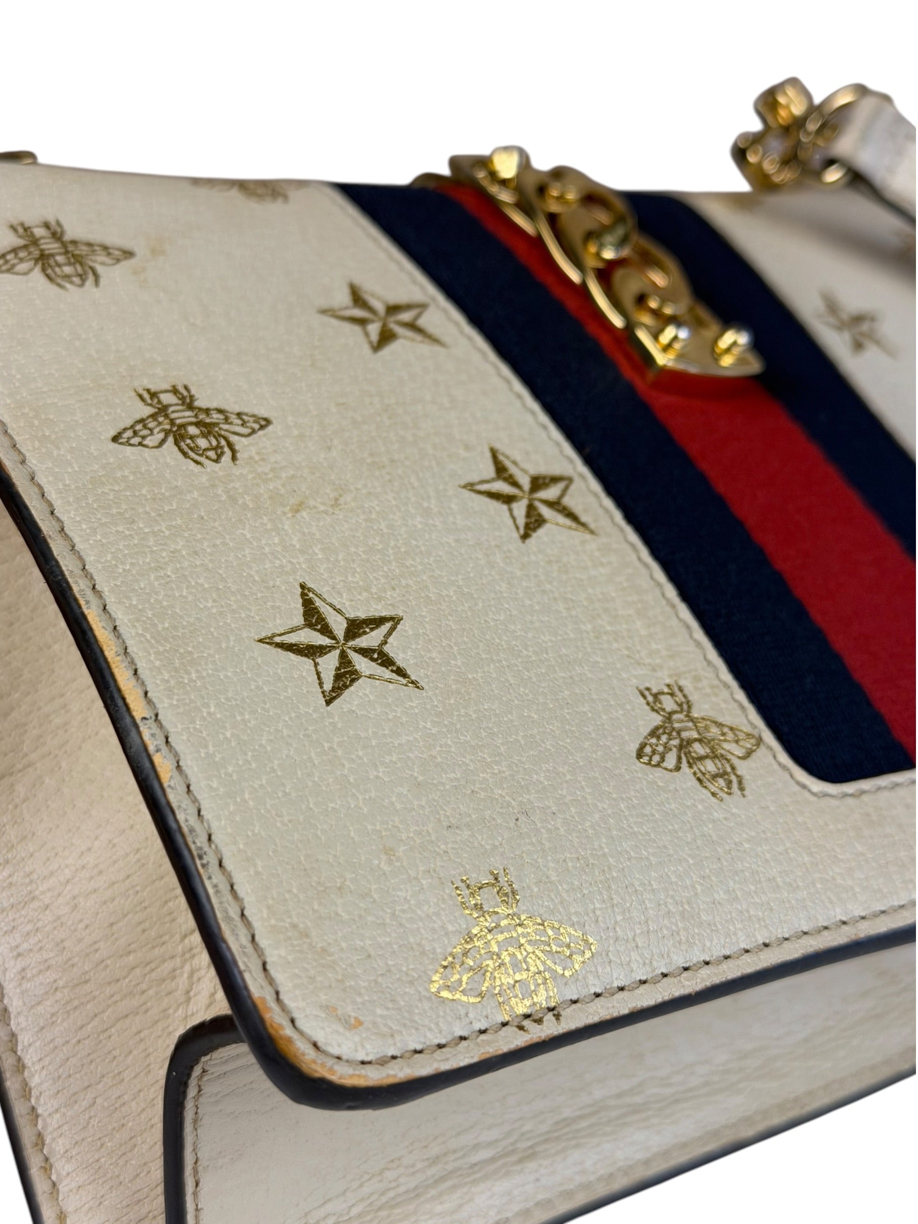 Gucci Textured Calfskin Bee Star Sylvie Shoulder Bag White