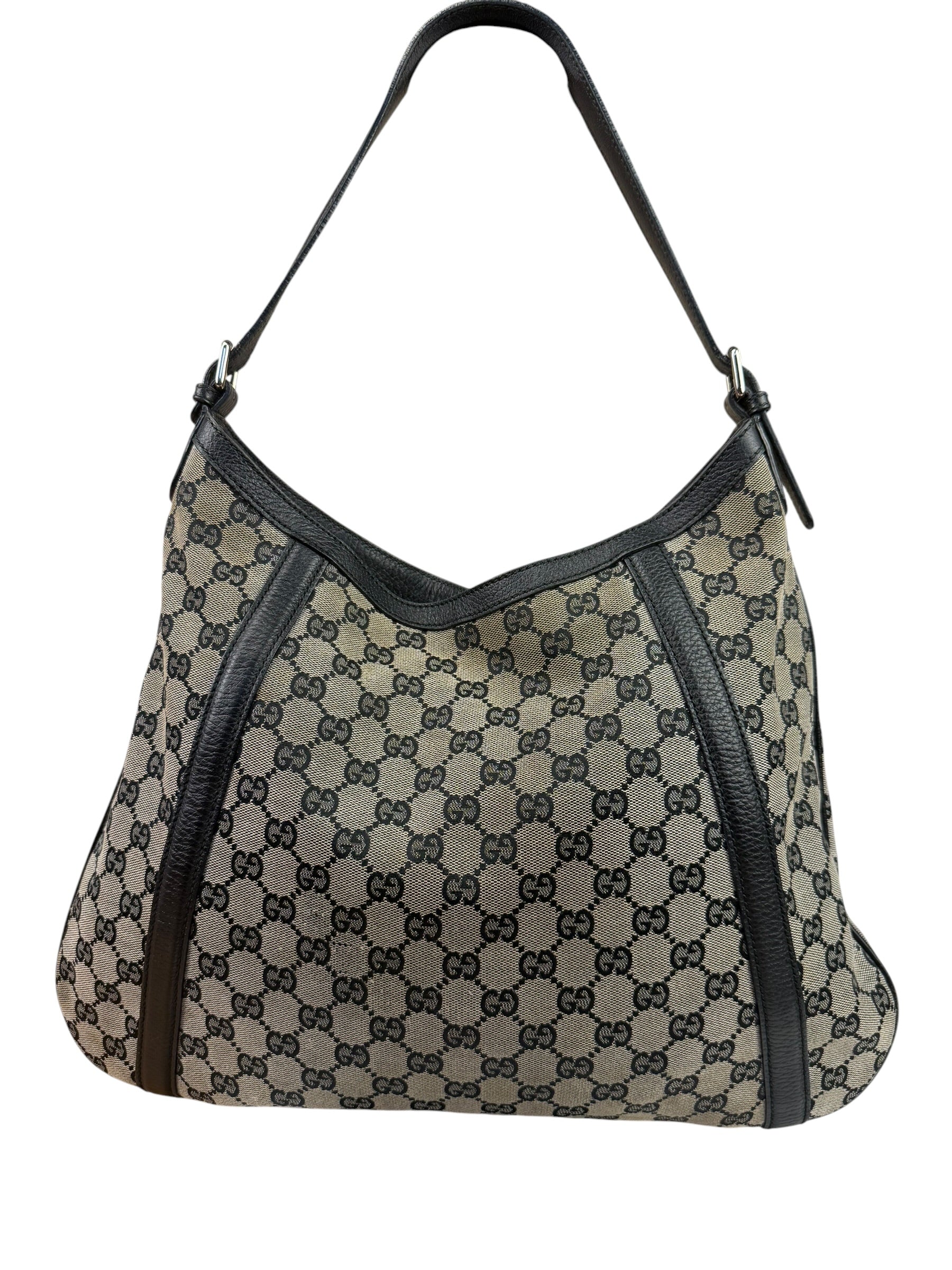 Gucci Black Leather Trim GG Supreme Hobo Bag