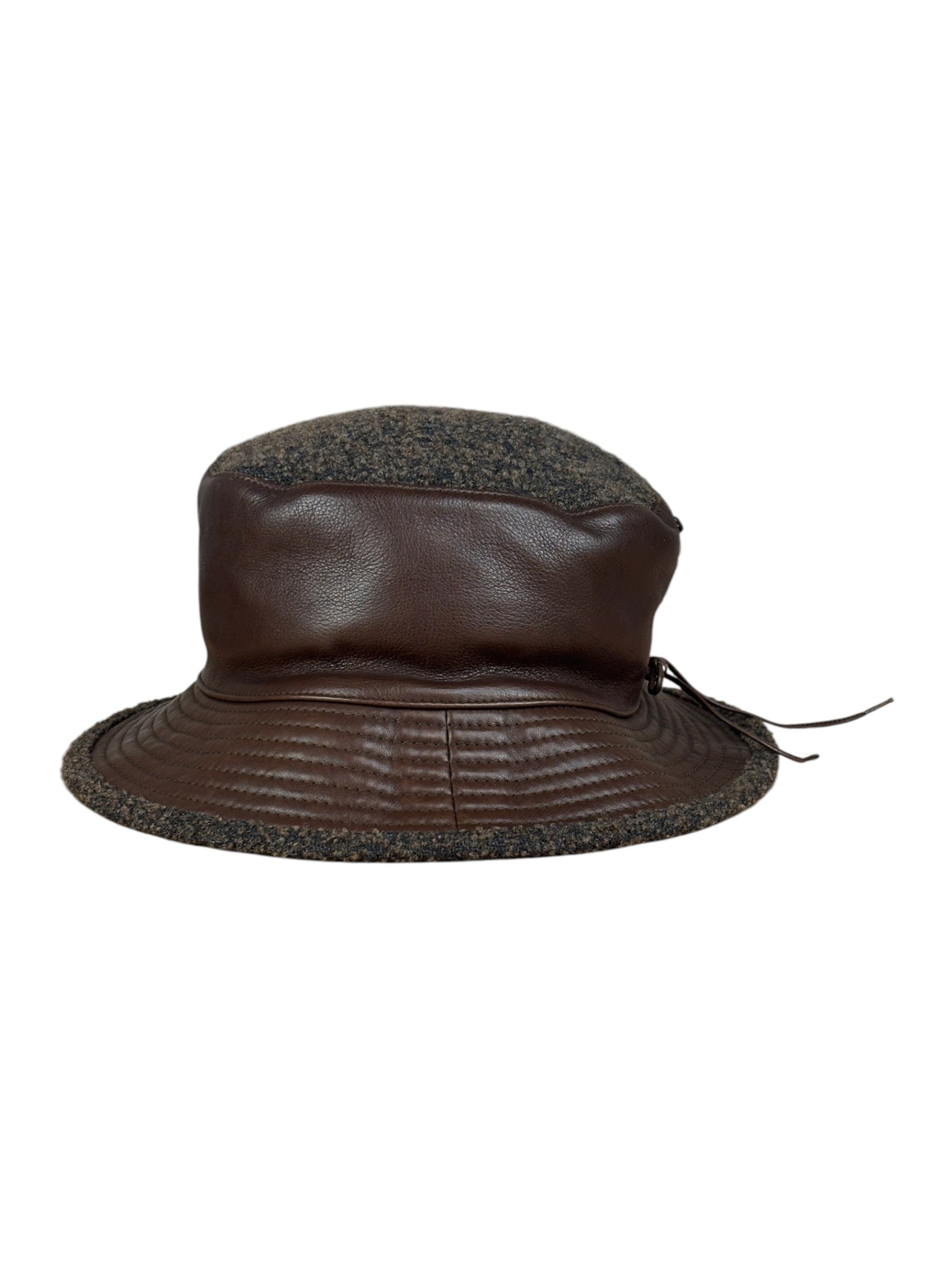Hermes Vintage Brown Leather-Trimmed Motsch Bucket Hat