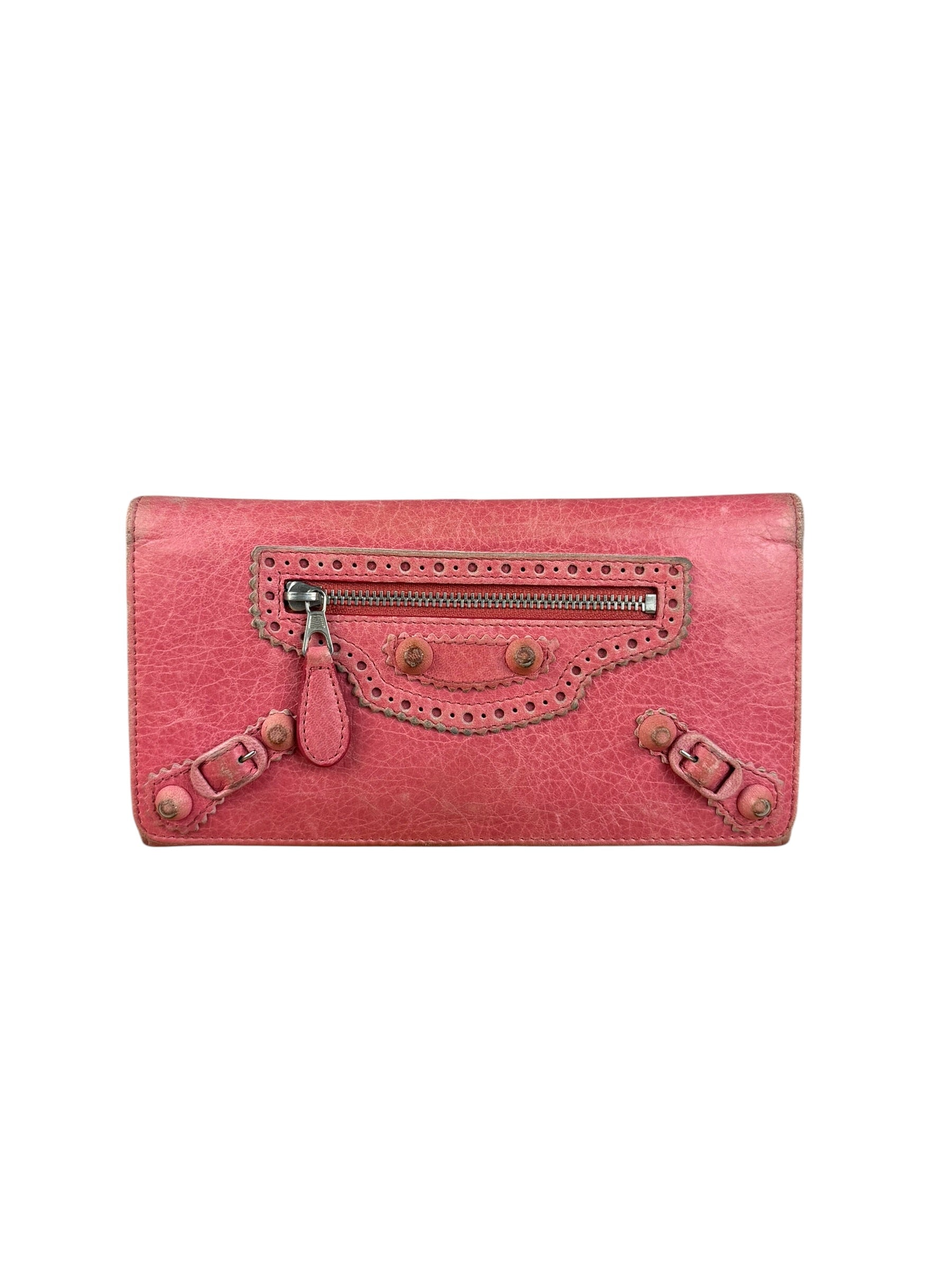 Balenciaga Pink Leather Moto Long Wallet