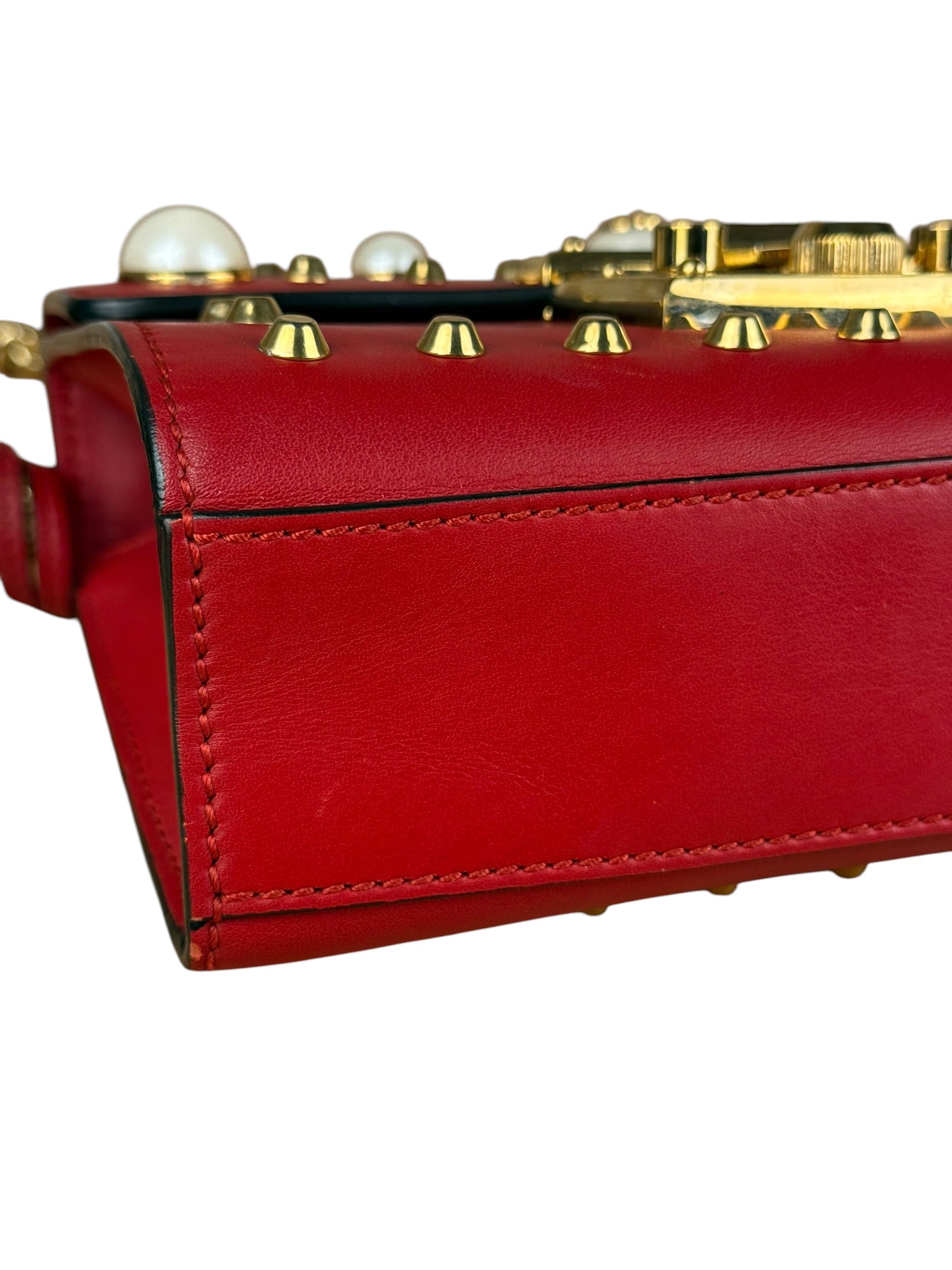 Gucci Red Leather Pearl Studded Padlock Shoulder Bag