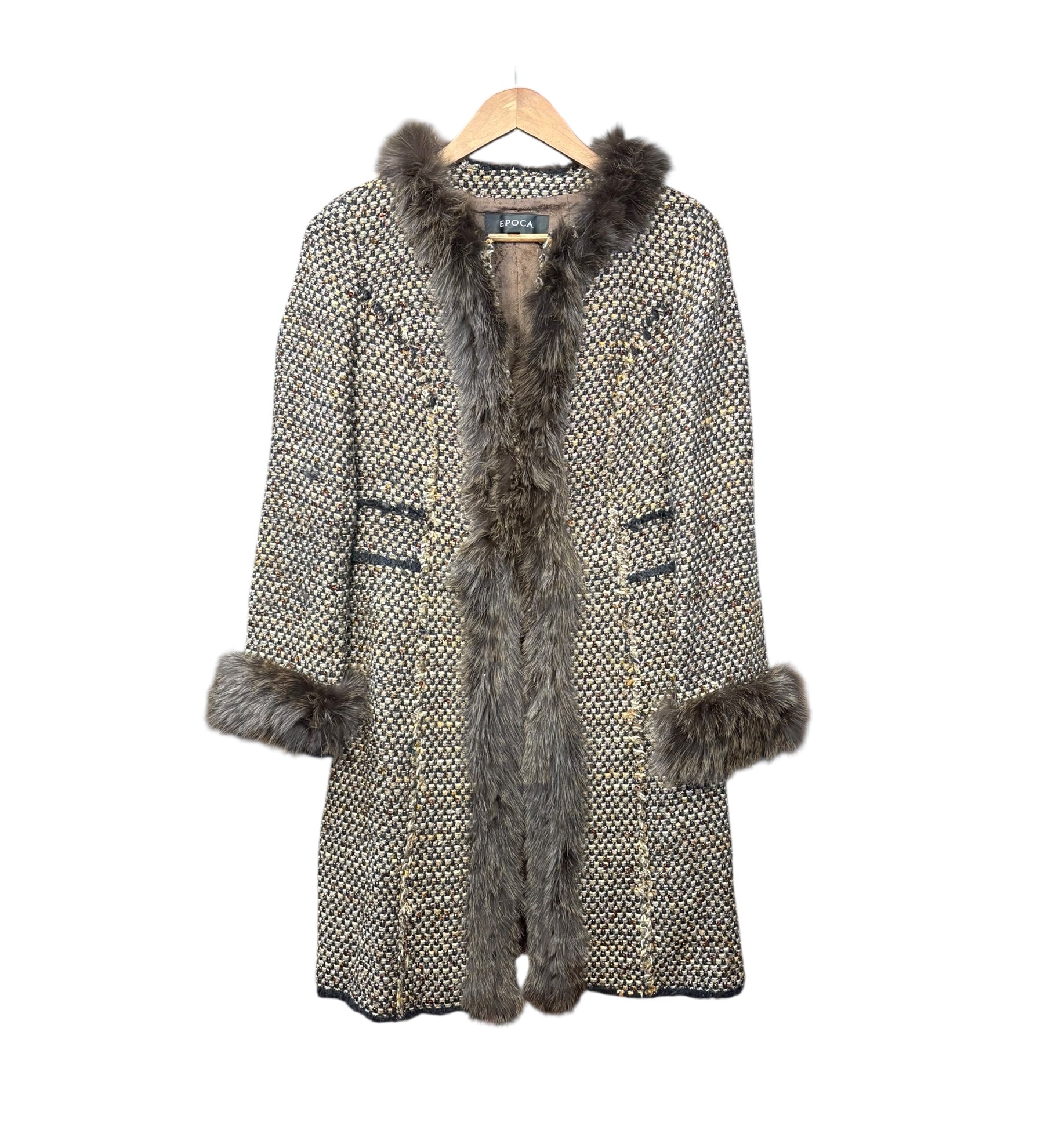 Epoca Tweed Fur Lined Long Coat