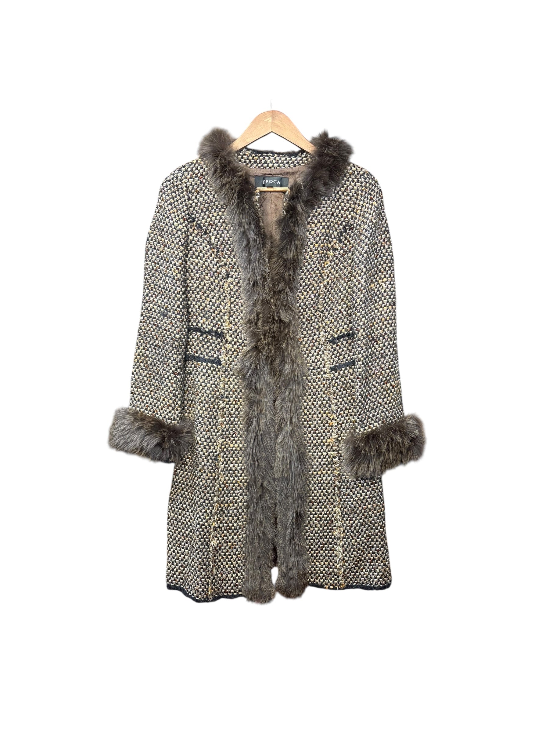 Epoca Tweed Fur Lined Long Coat