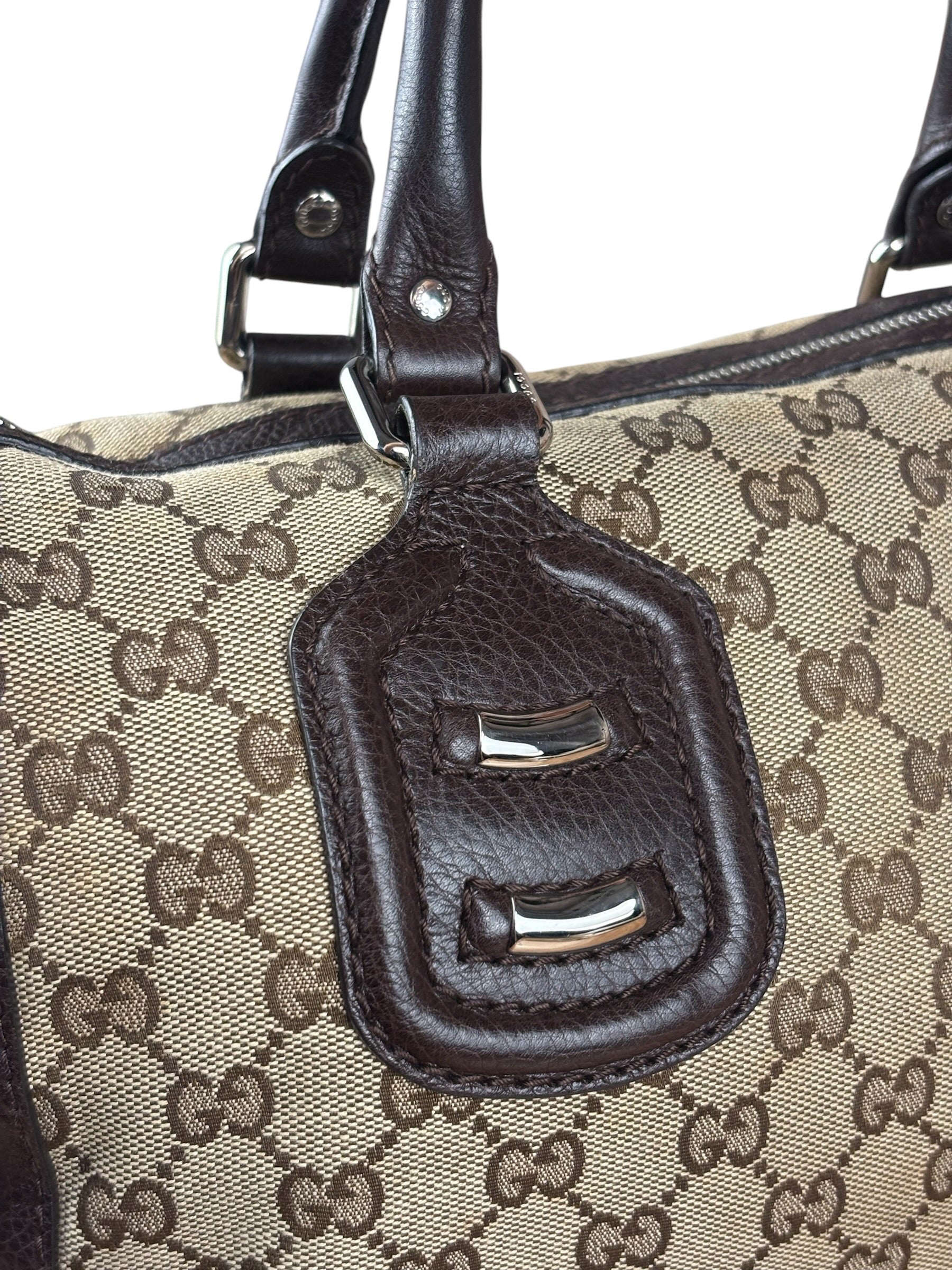 Gucci GG Leather Trim Canvas Techno Boston Handbag