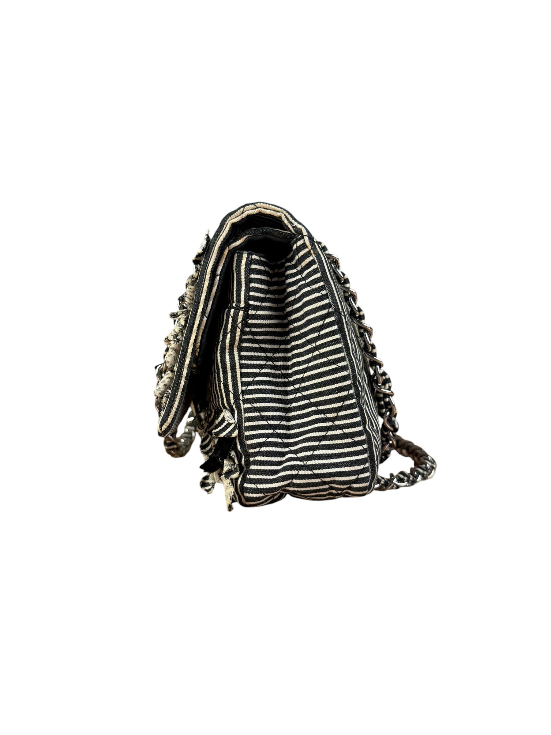 Chanel Black/White Sequin Stripped Medium Double Flap Shoulder Bag