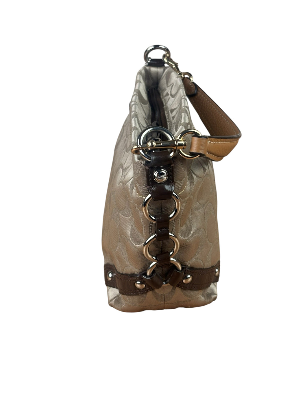 Coach Beige/Brown Leather Trim Signature Mini Carly Hobo Bag