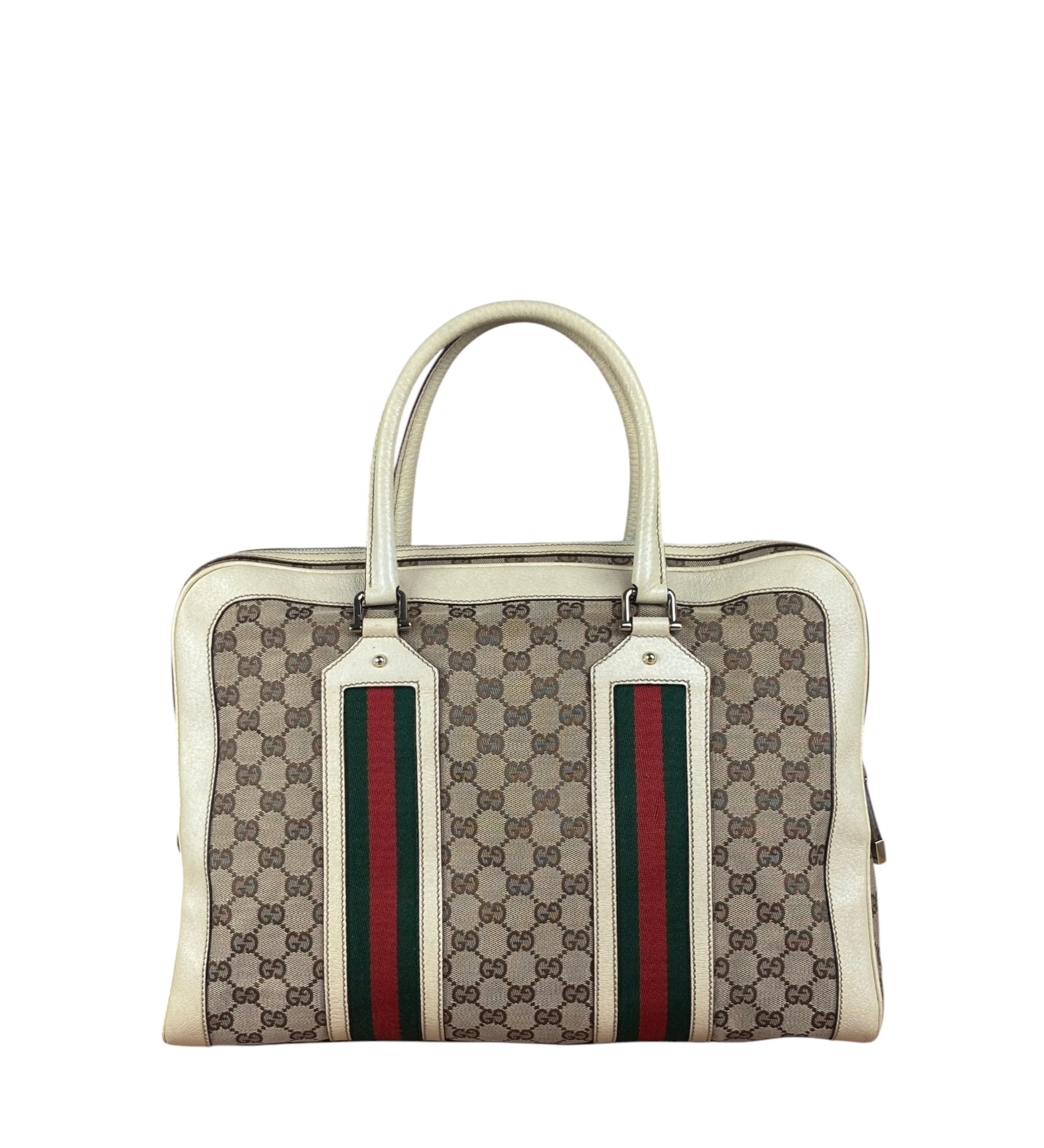 Gucci Leather Trim Monogram Canvas Web Stripe Tote Bag