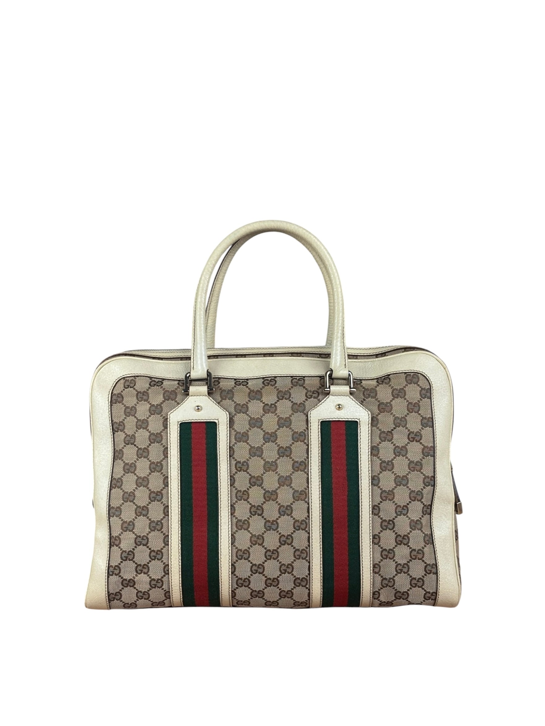 Gucci Leather Trim Monogram Canvas Web Stripe Tote Bag