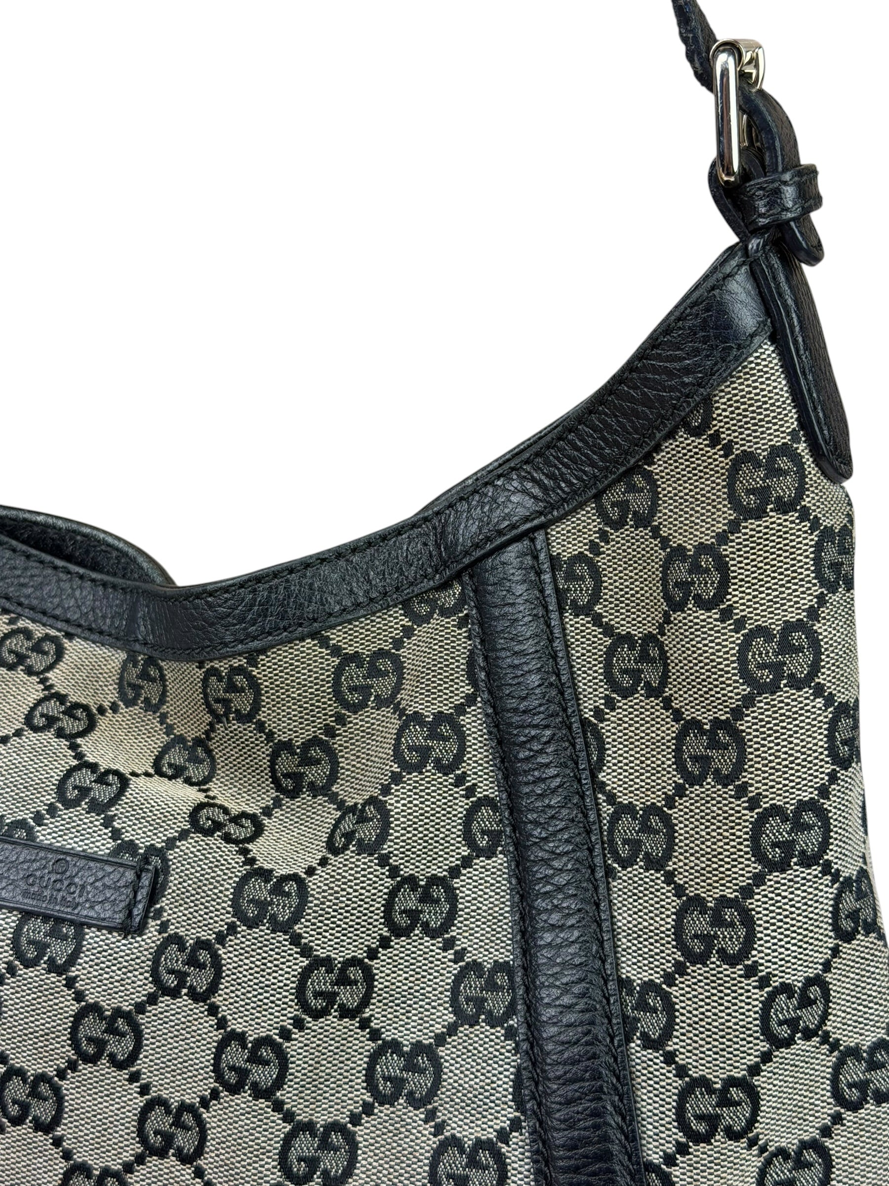 Gucci Black Leather Trim GG Supreme Hobo Bag