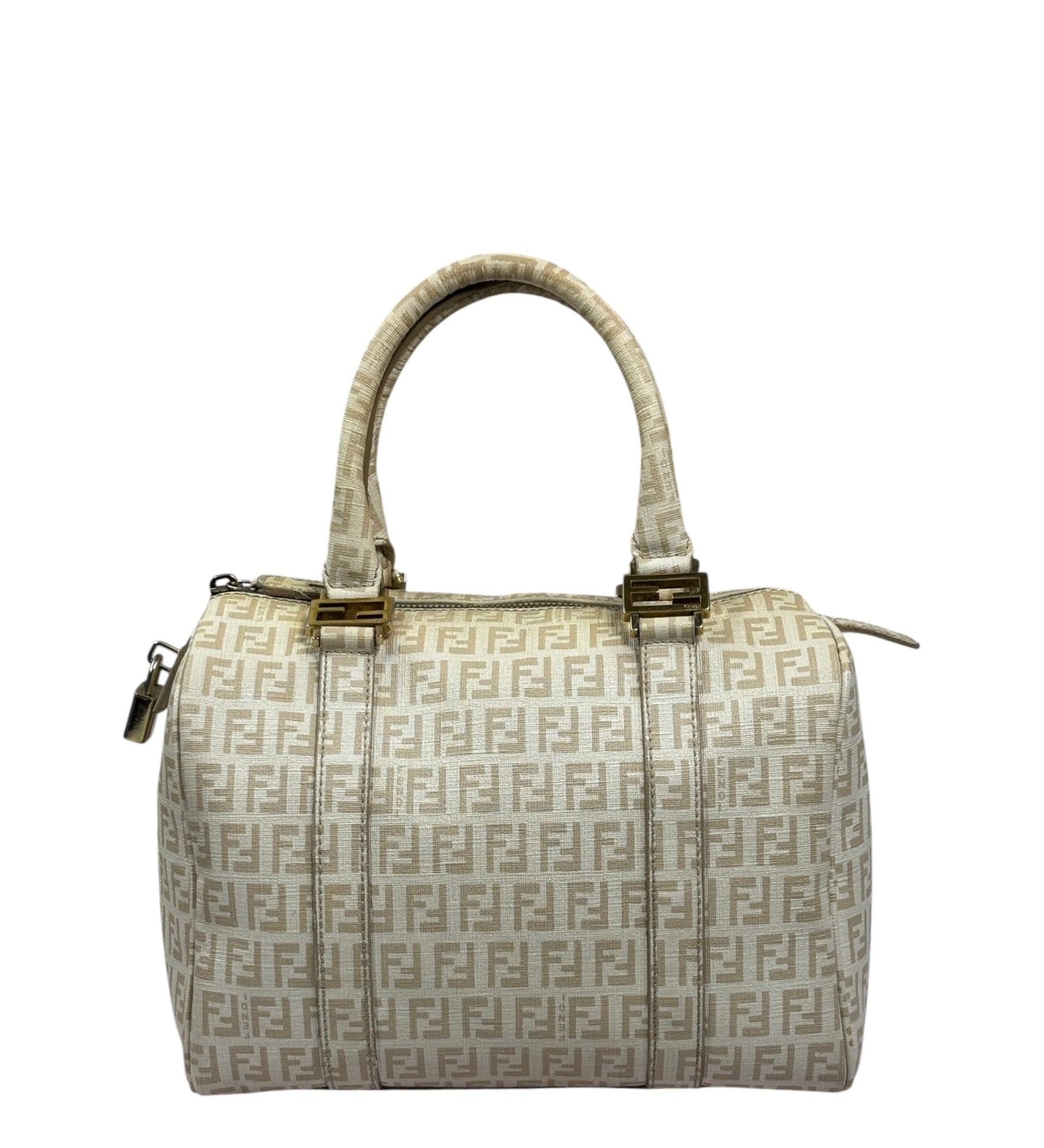 Fendi Beige Leather Trim Zucca Boston Bag