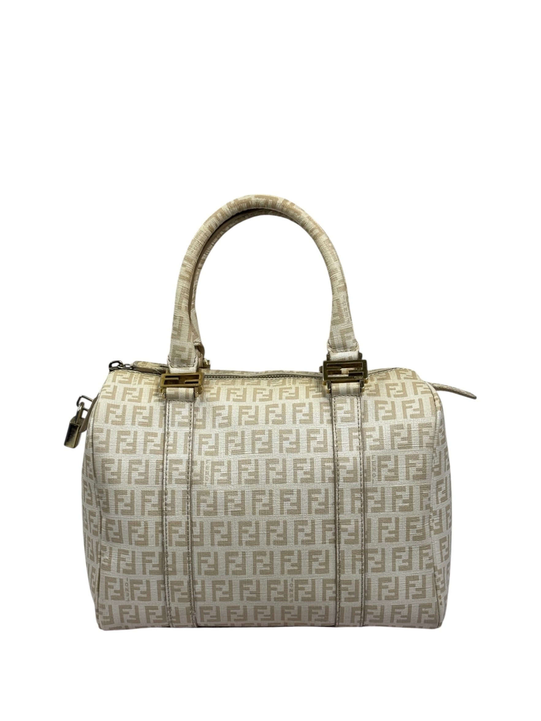 Fendi Beige Leather Trim Zucca Boston Bag